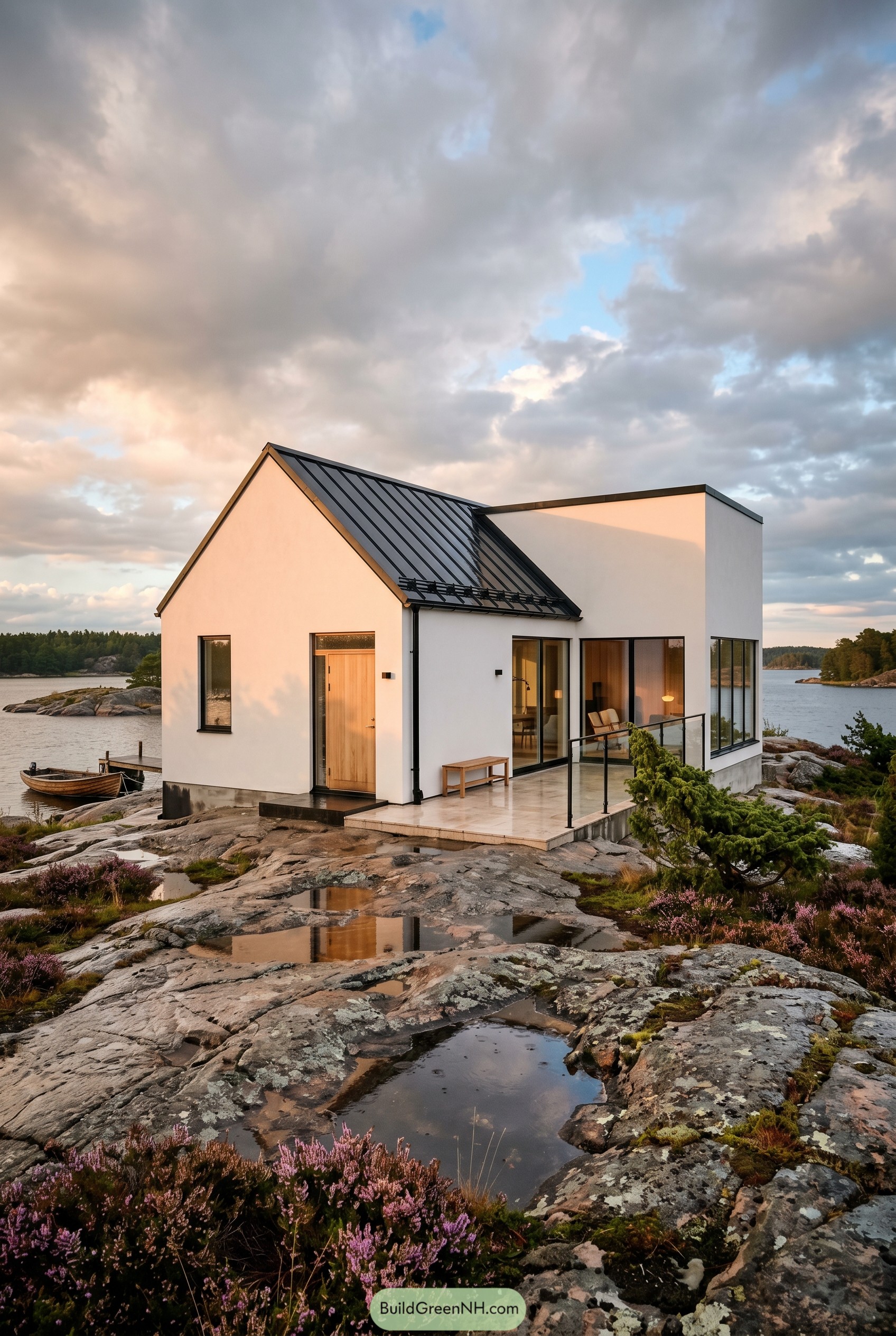 White Scandinavian house on rocky coast