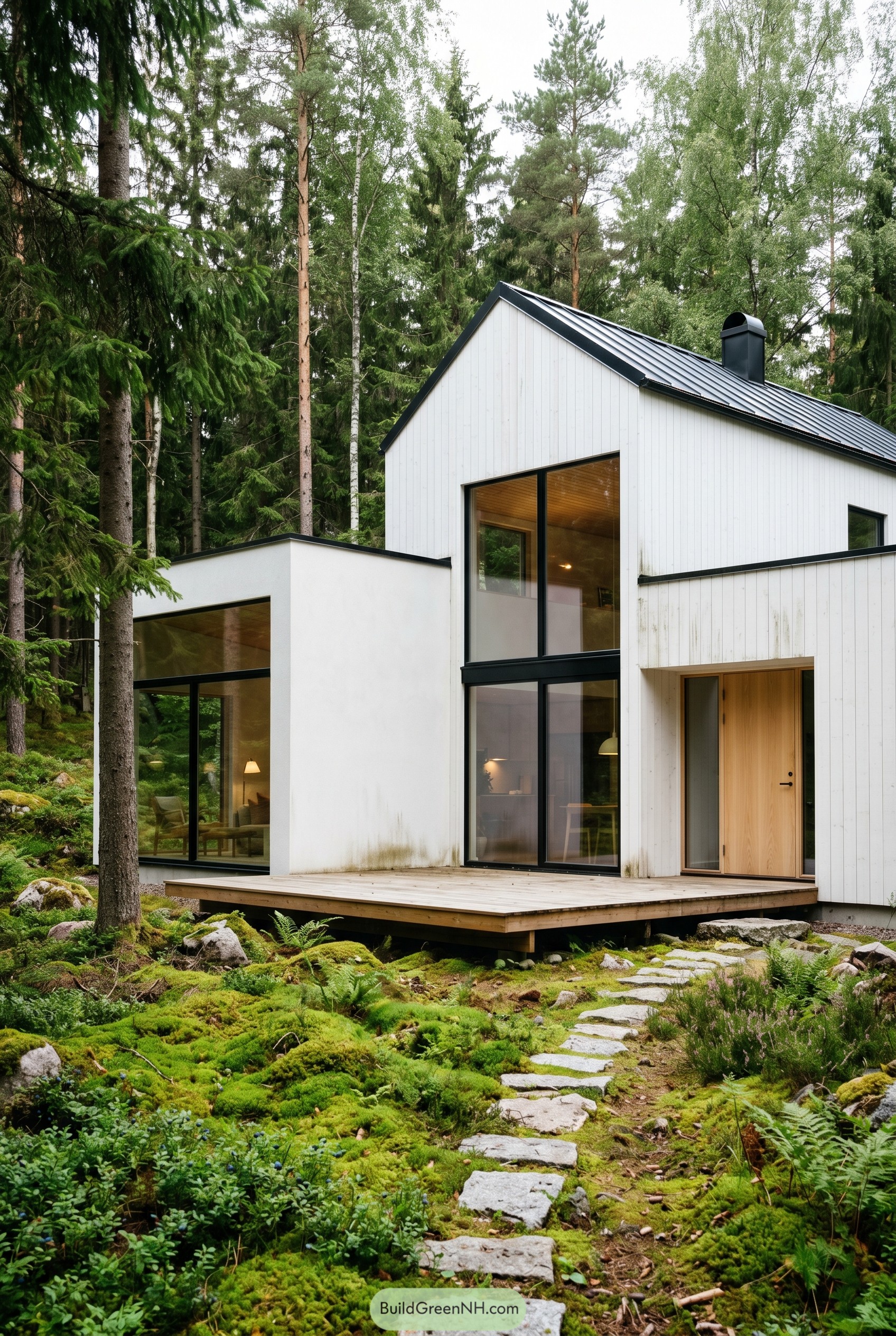 White Scandinavian home in mossy forest
