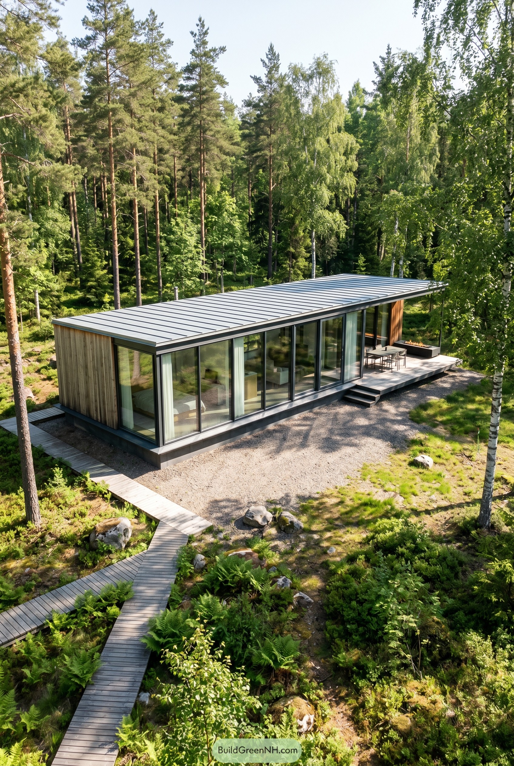 Single story glass house nestled in a pine forest