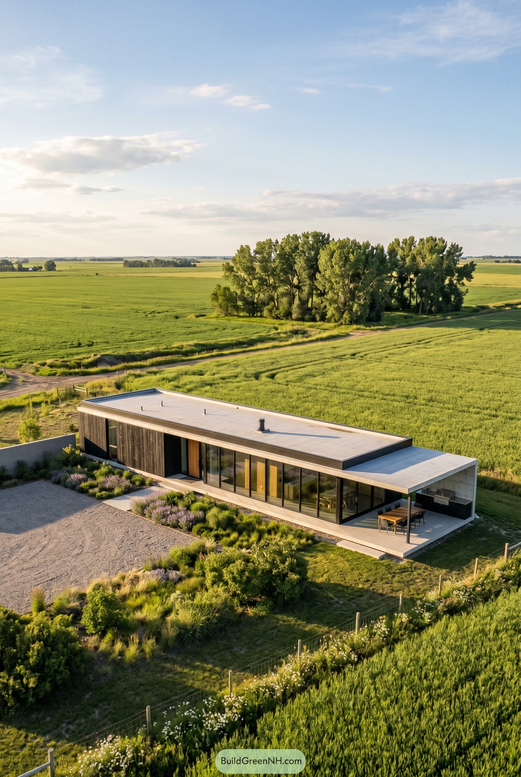Single story glass house in open fields