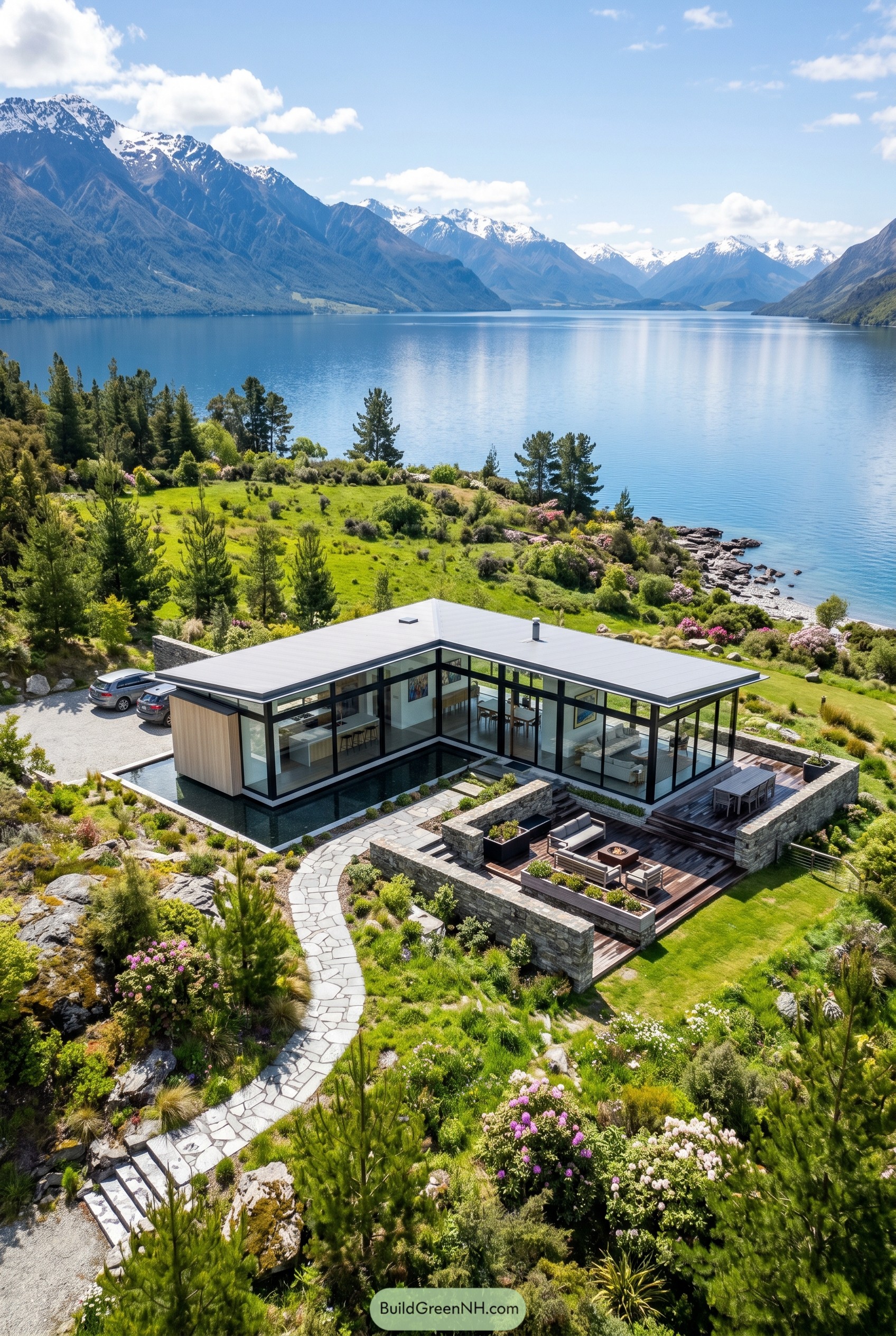 Modern lakeside glass house with mountain backdrop