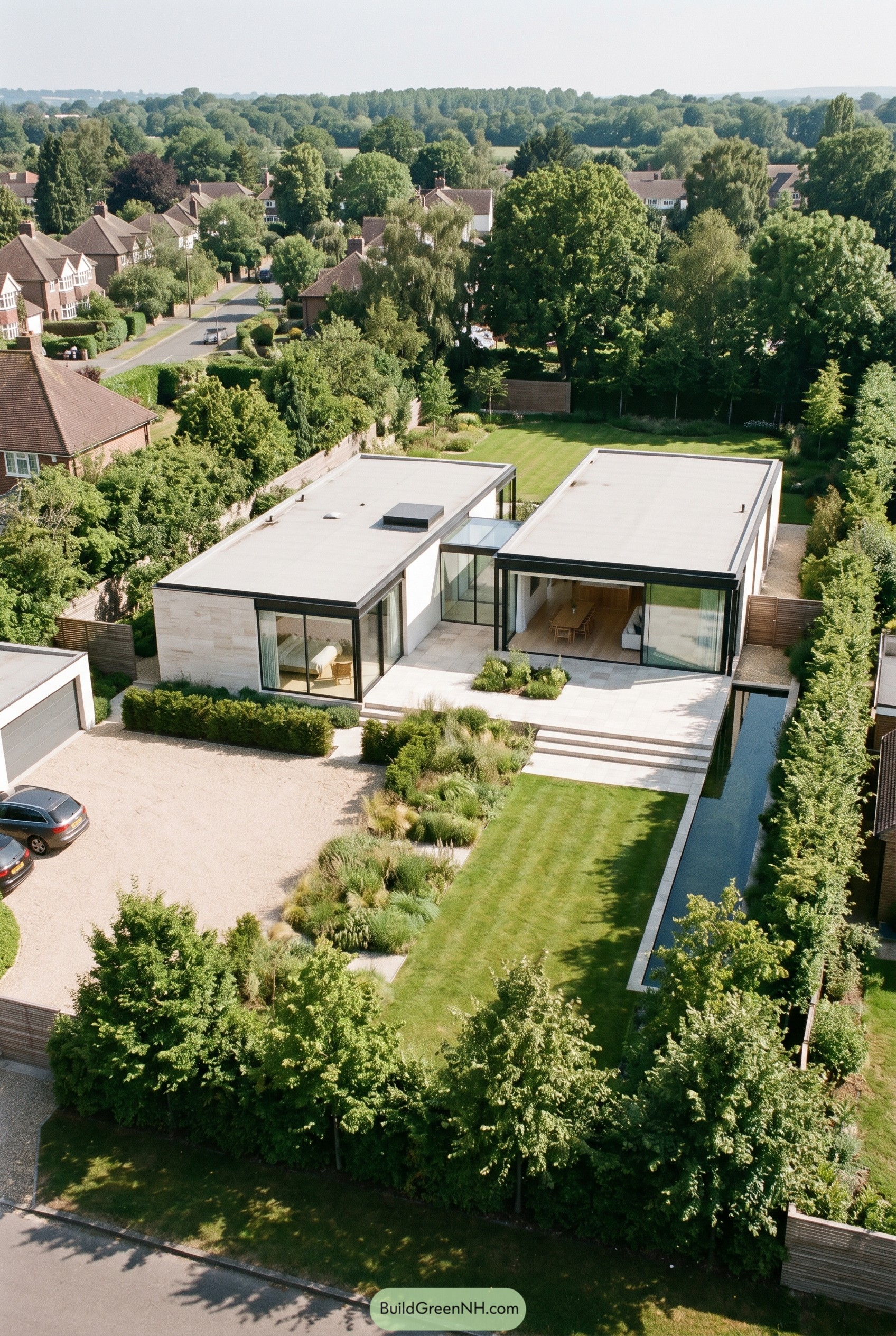 Single story modern glass home with reflecting pool