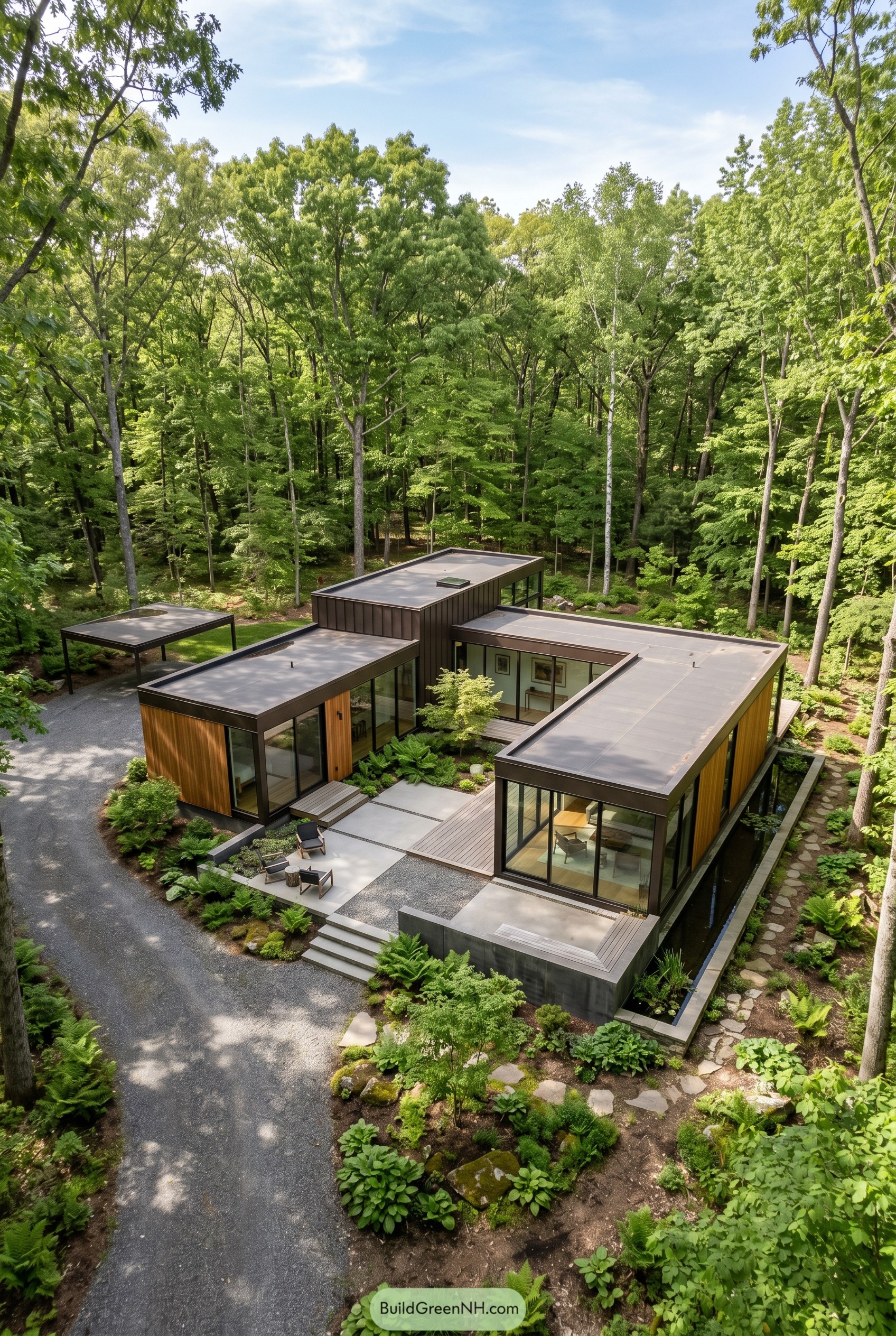 Single story glass courtyard home in woods