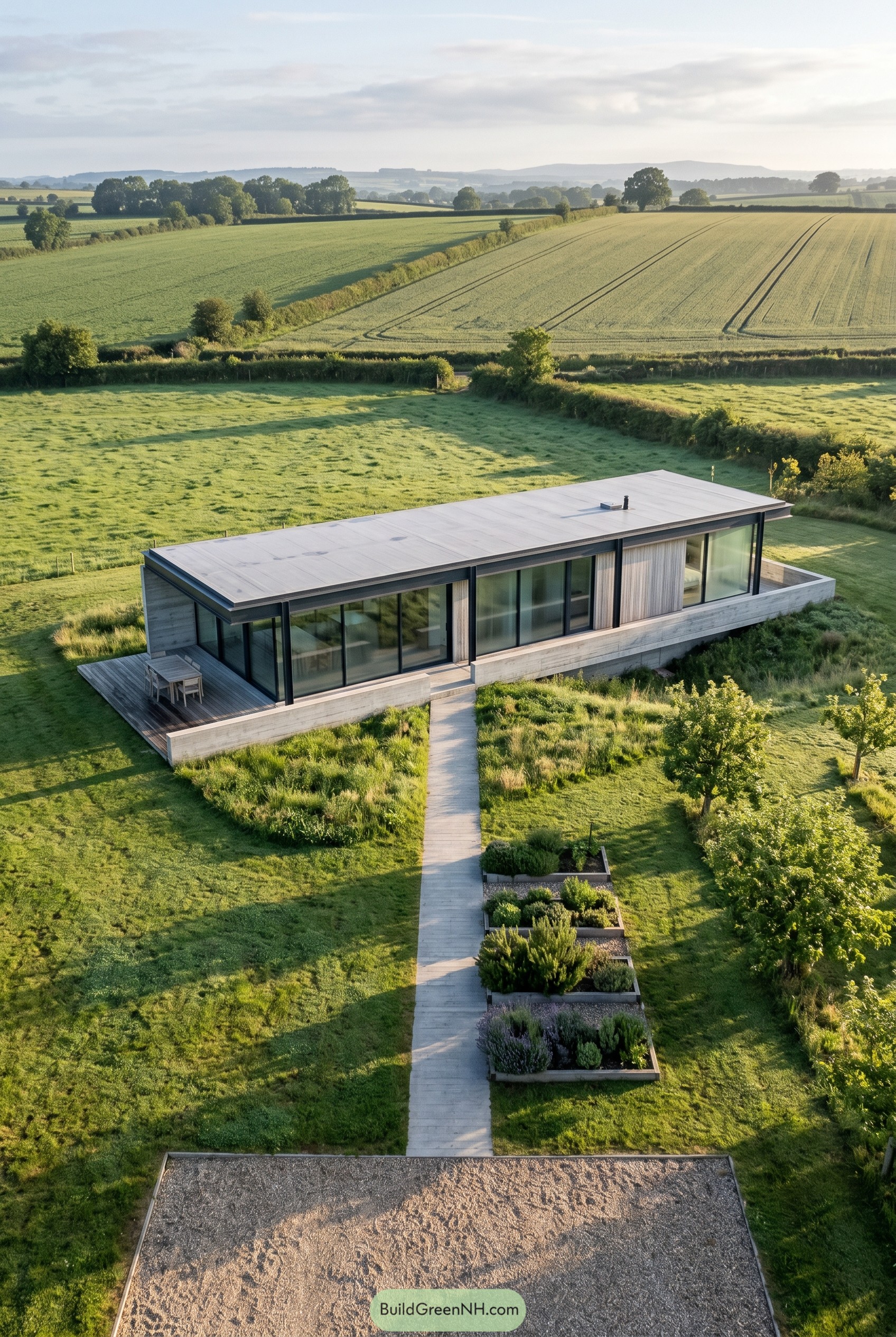 Long single story glass house in open farmland
