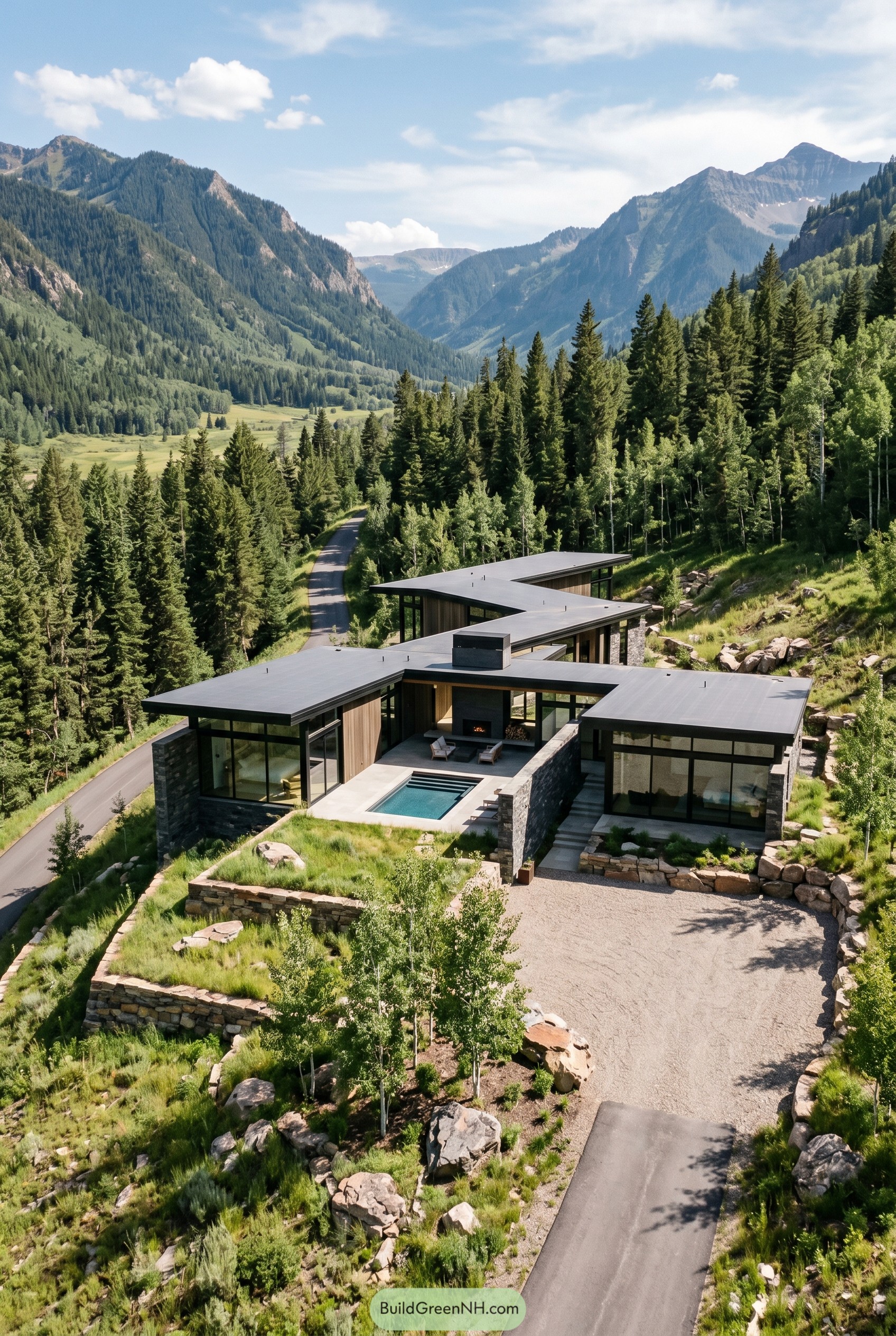 Angular single story glass house on a mountain slope