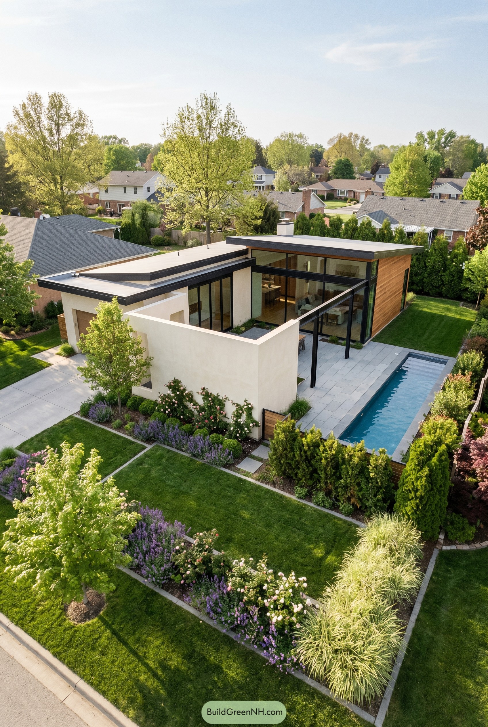 Single story glass house with lap pool and walled terrace