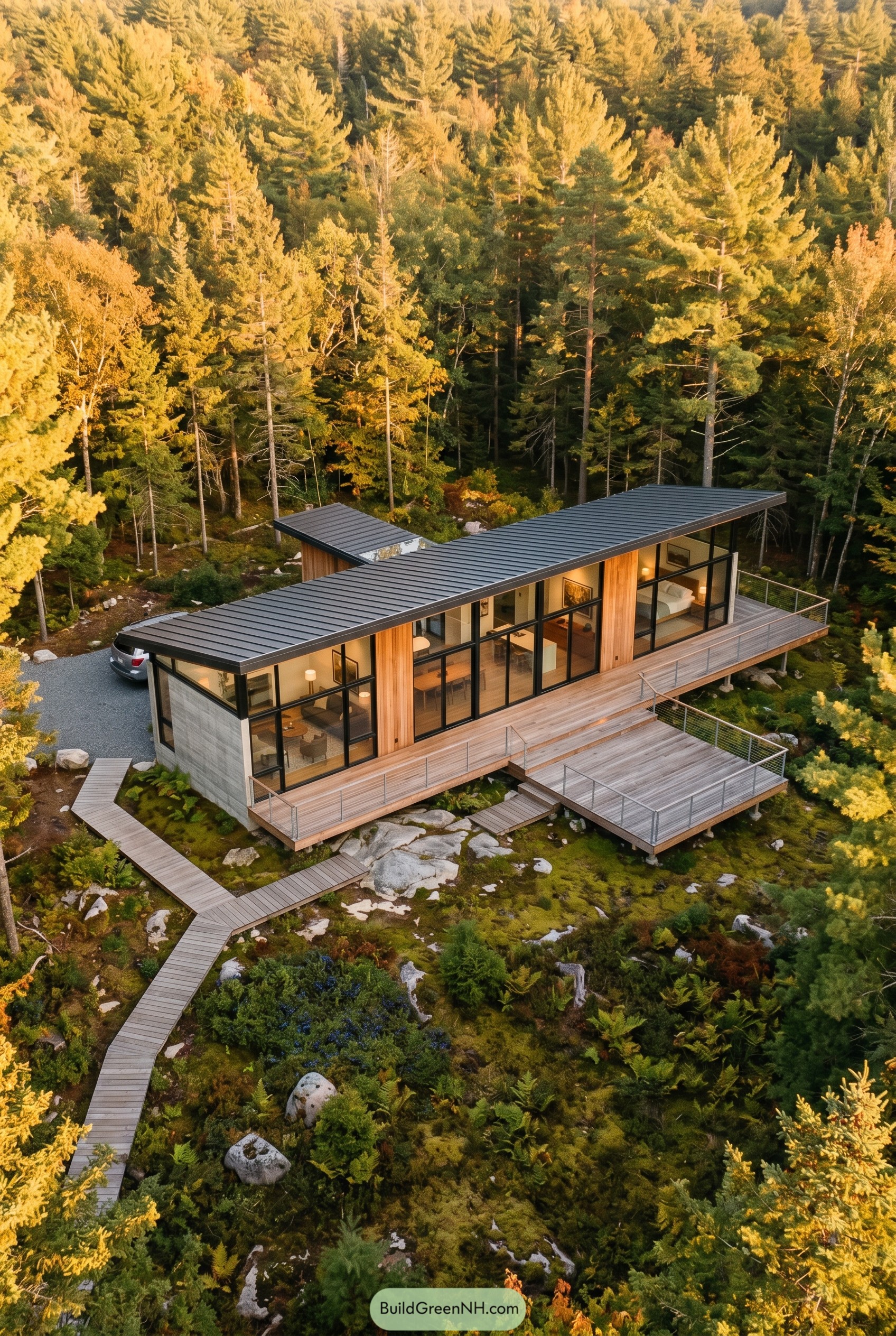 Single story glass house with decks in a pine forest