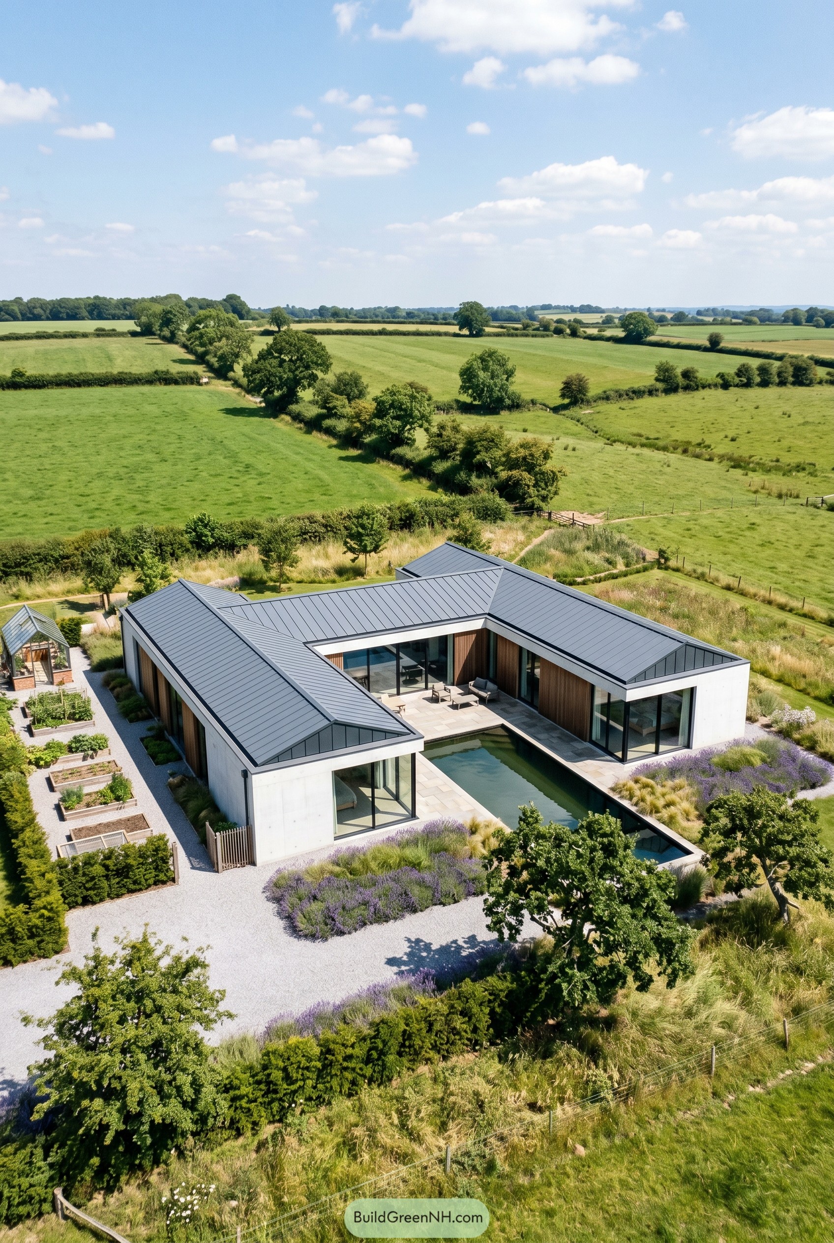 U shaped glass home with long courtyard pool