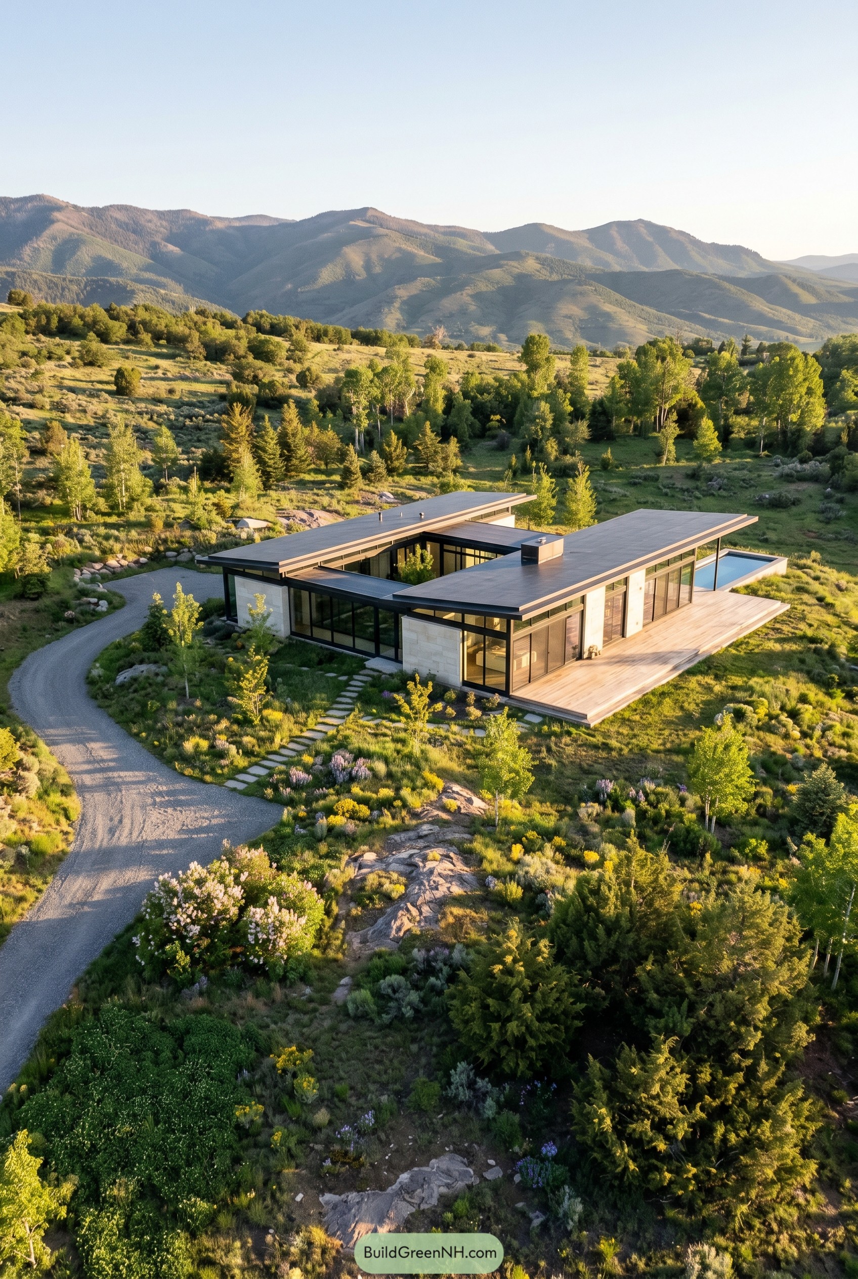 Single story glass house with flat roofs in a mountain meadow