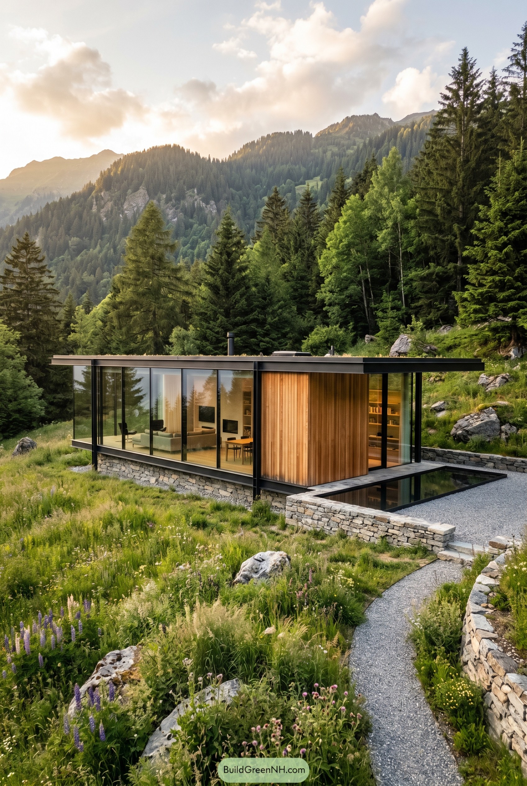 Single story glass home set in a mountain meadow
