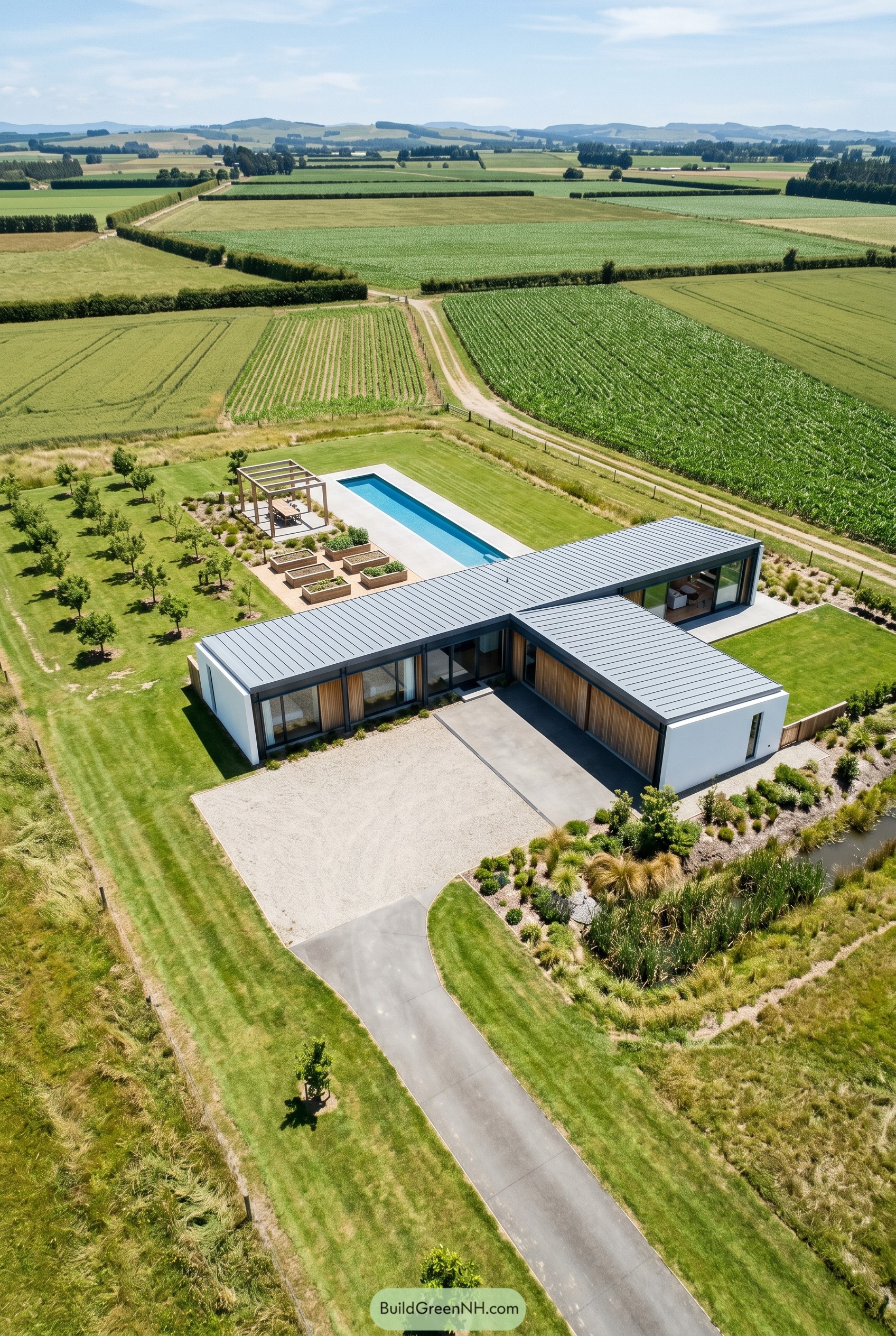 Single story glass house with pool in farmland