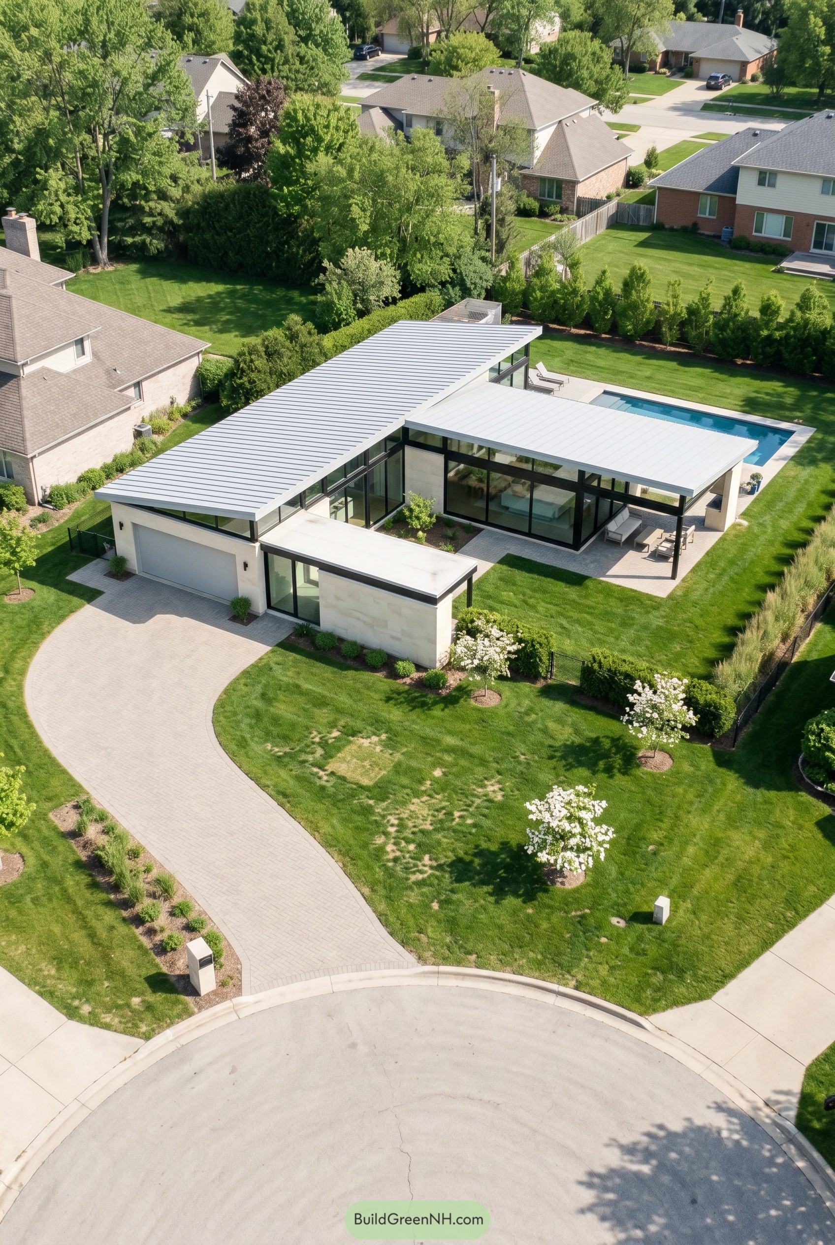 Modern single story glass house with pool