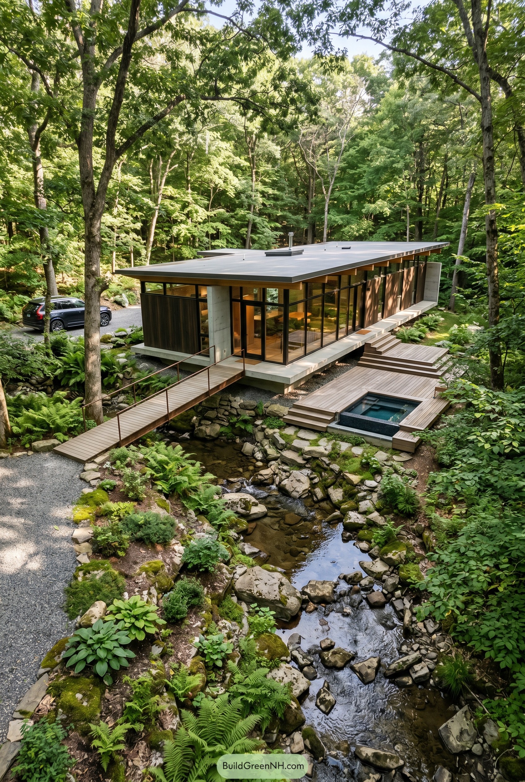 Single story glass house above a wooded creek