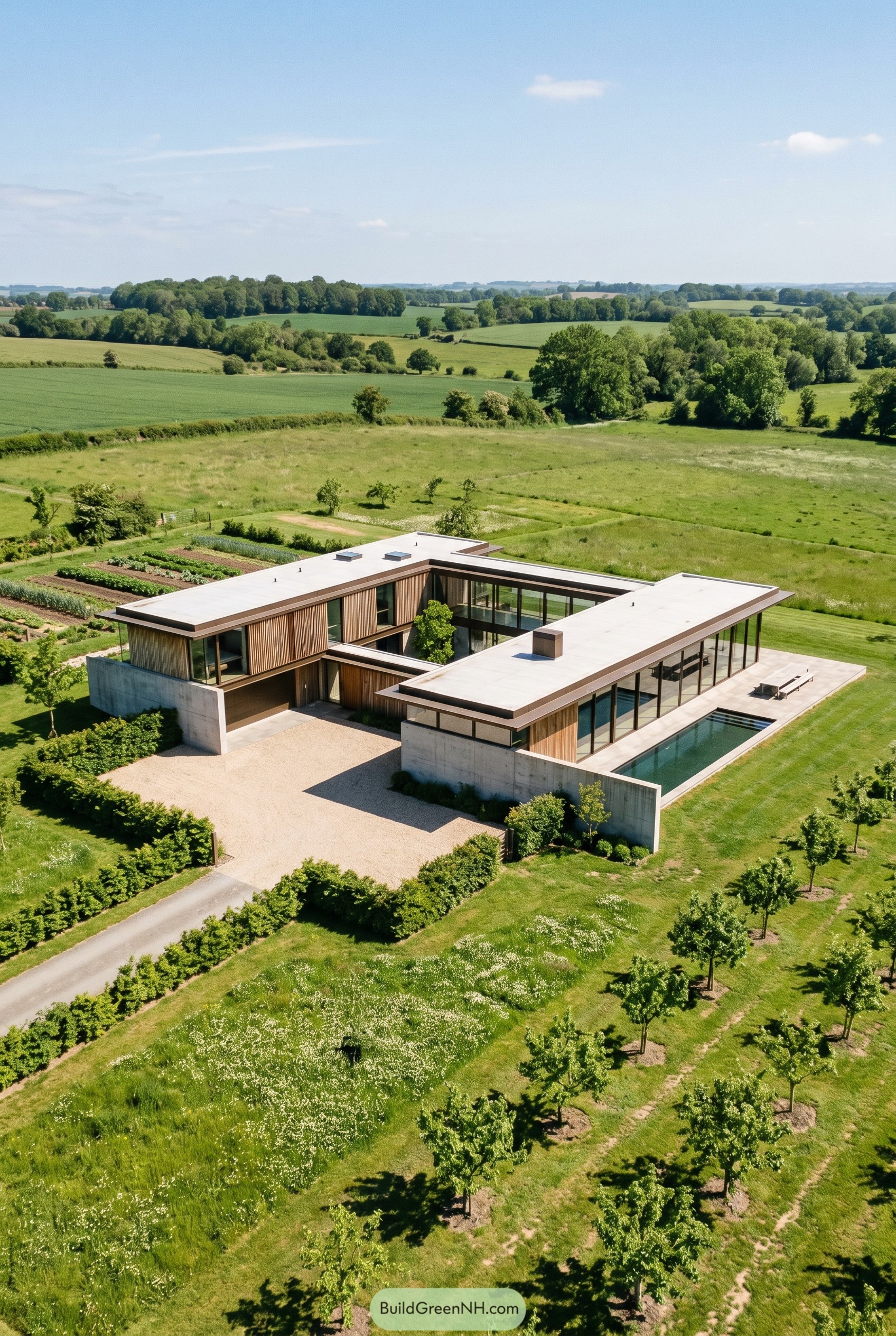 Modern glass villa with courtyard and pool