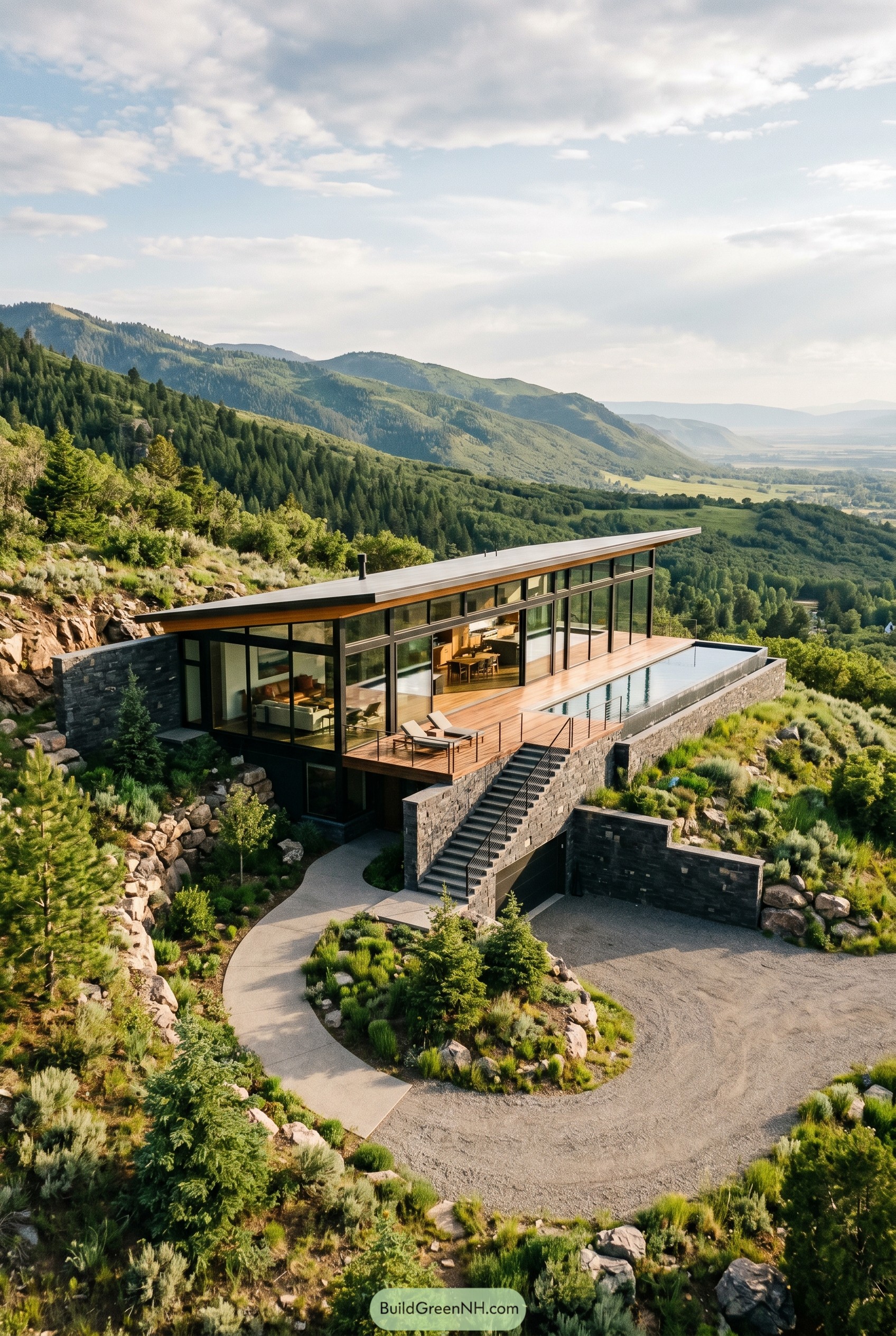 Single story glass house on a mountain slope