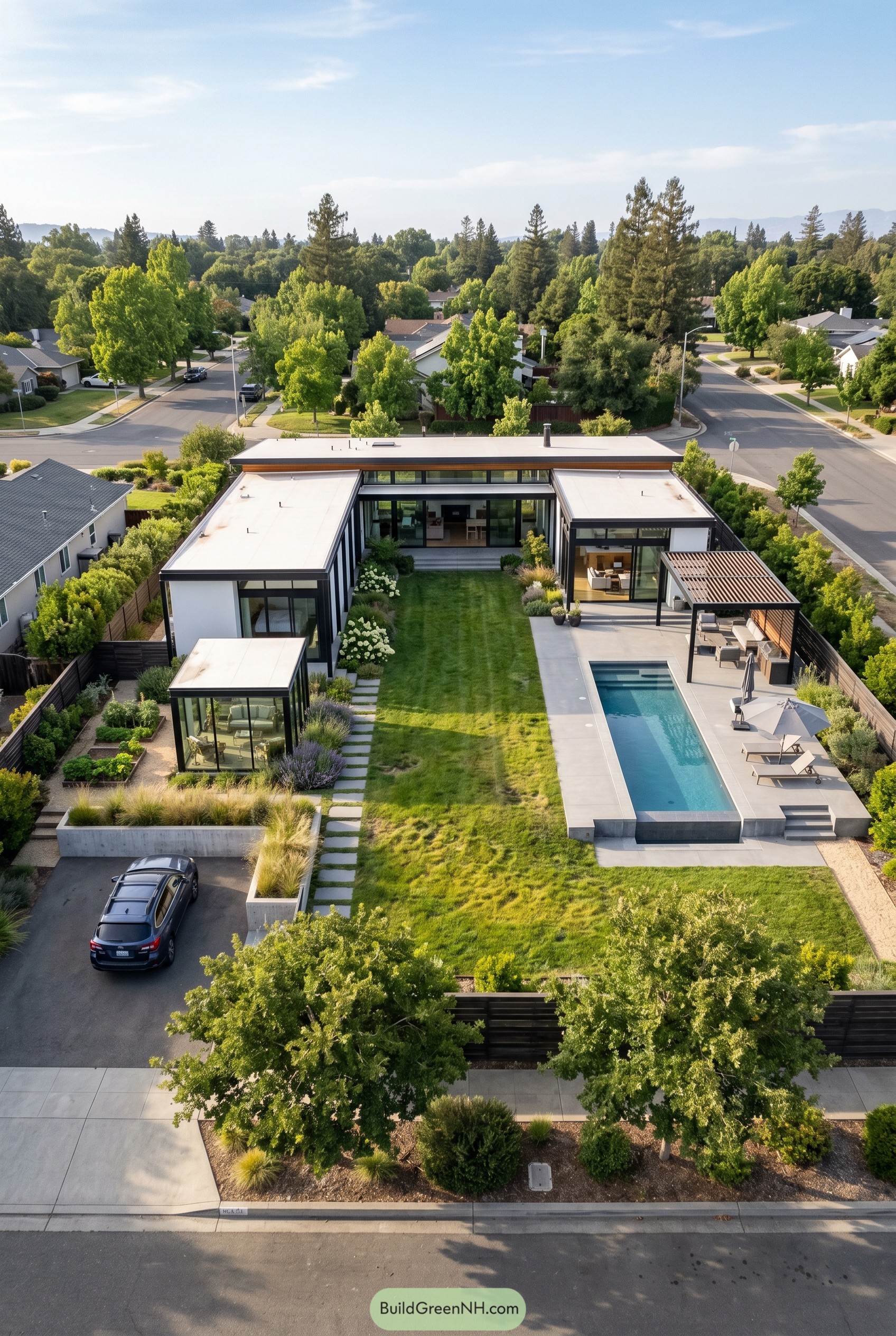 Aerial view of single story glass house with pool