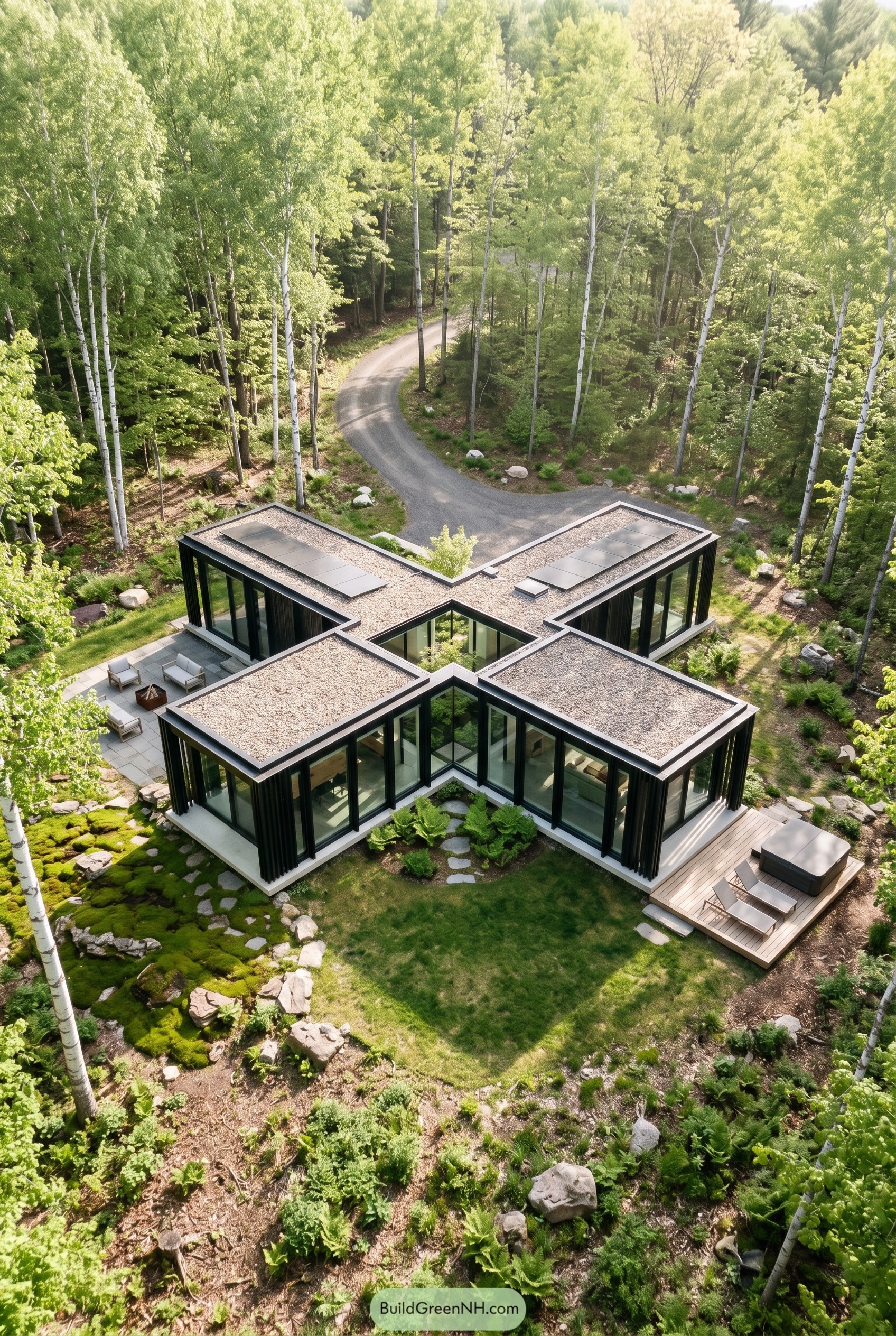Aerial view of X shaped glass house in woods