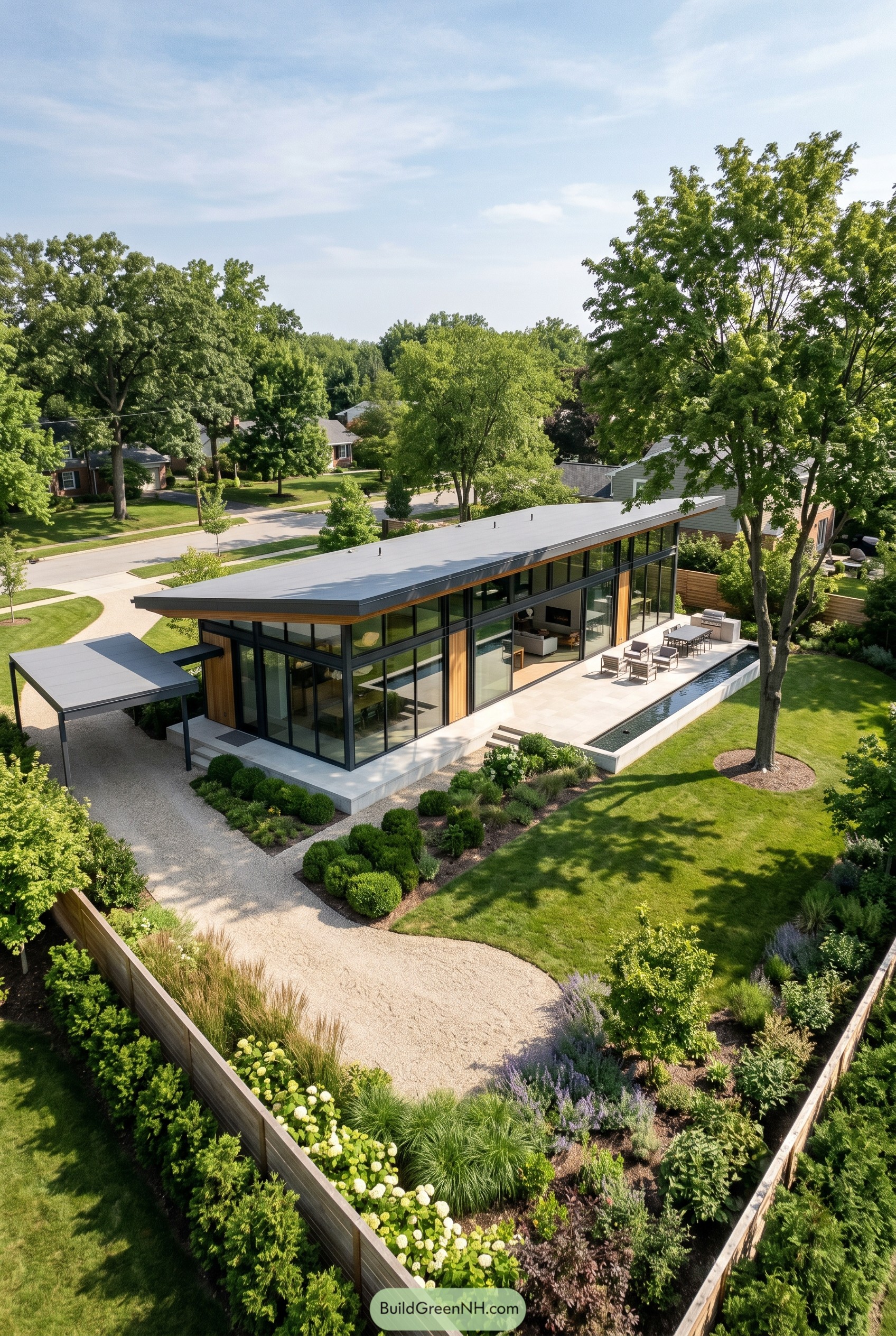 Single story glass house with sloped roof terrace and landscaped yard