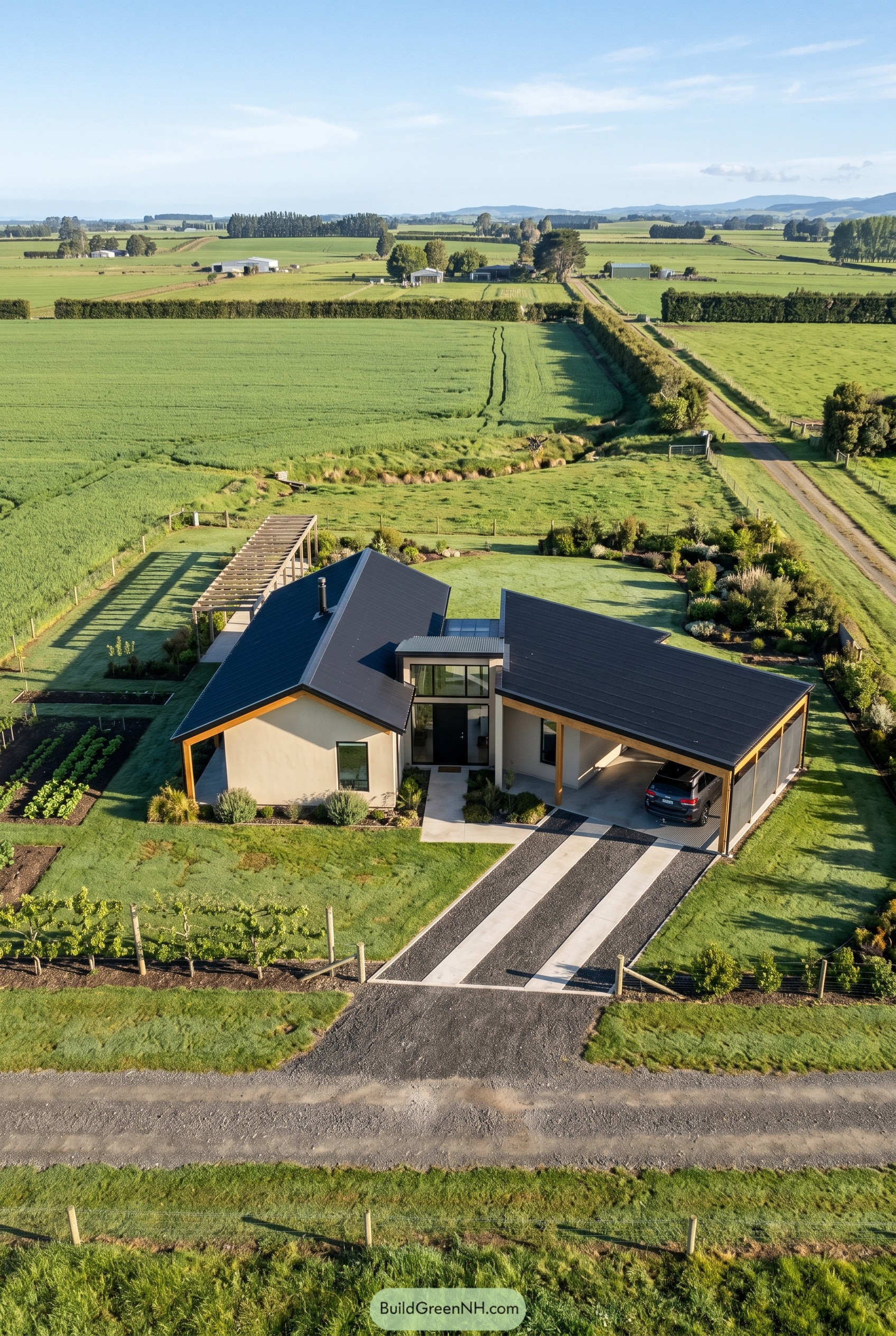 Single story farmhouse with screened carport