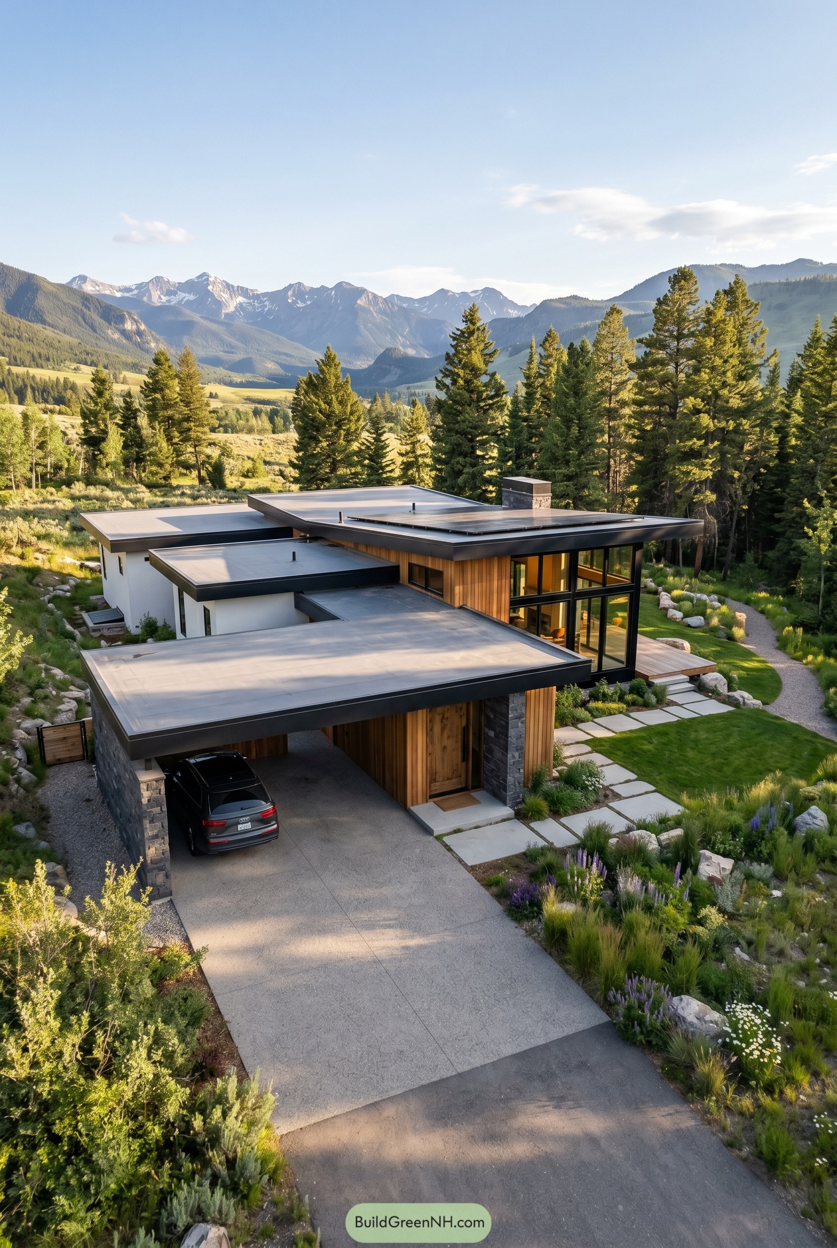 Modern flat roof home with mountain carport