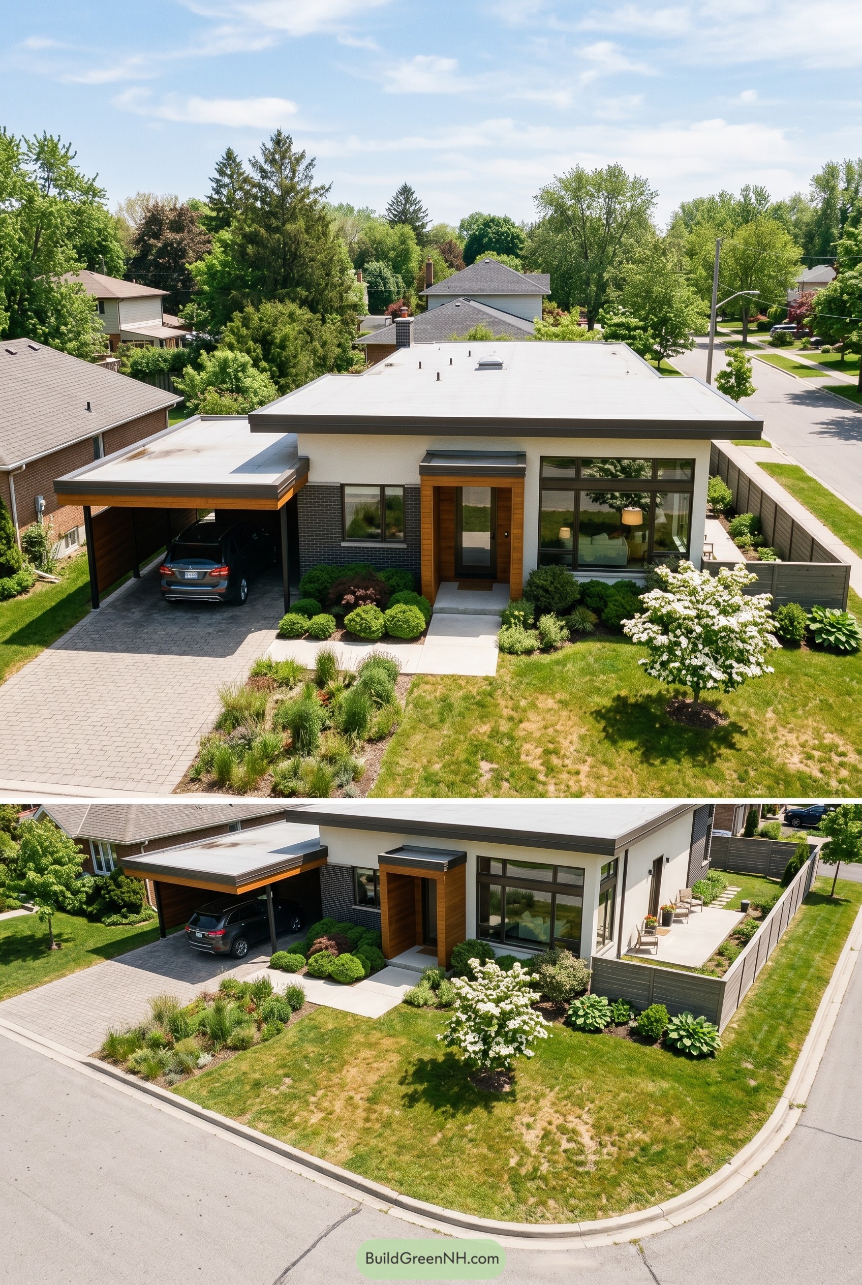 Modern single story home with flat roof carport and wood entry