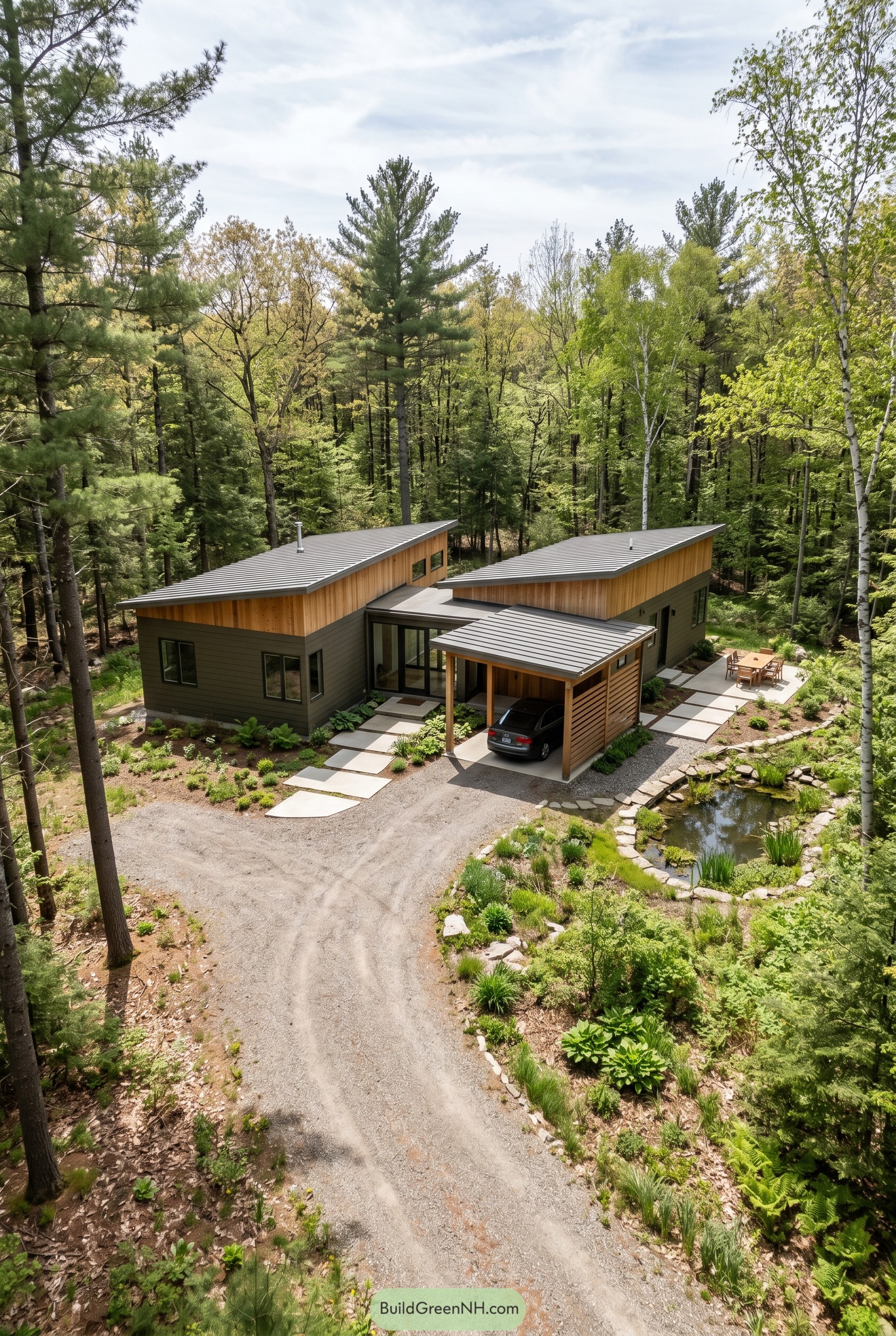 Single story modern home with carport in the woods