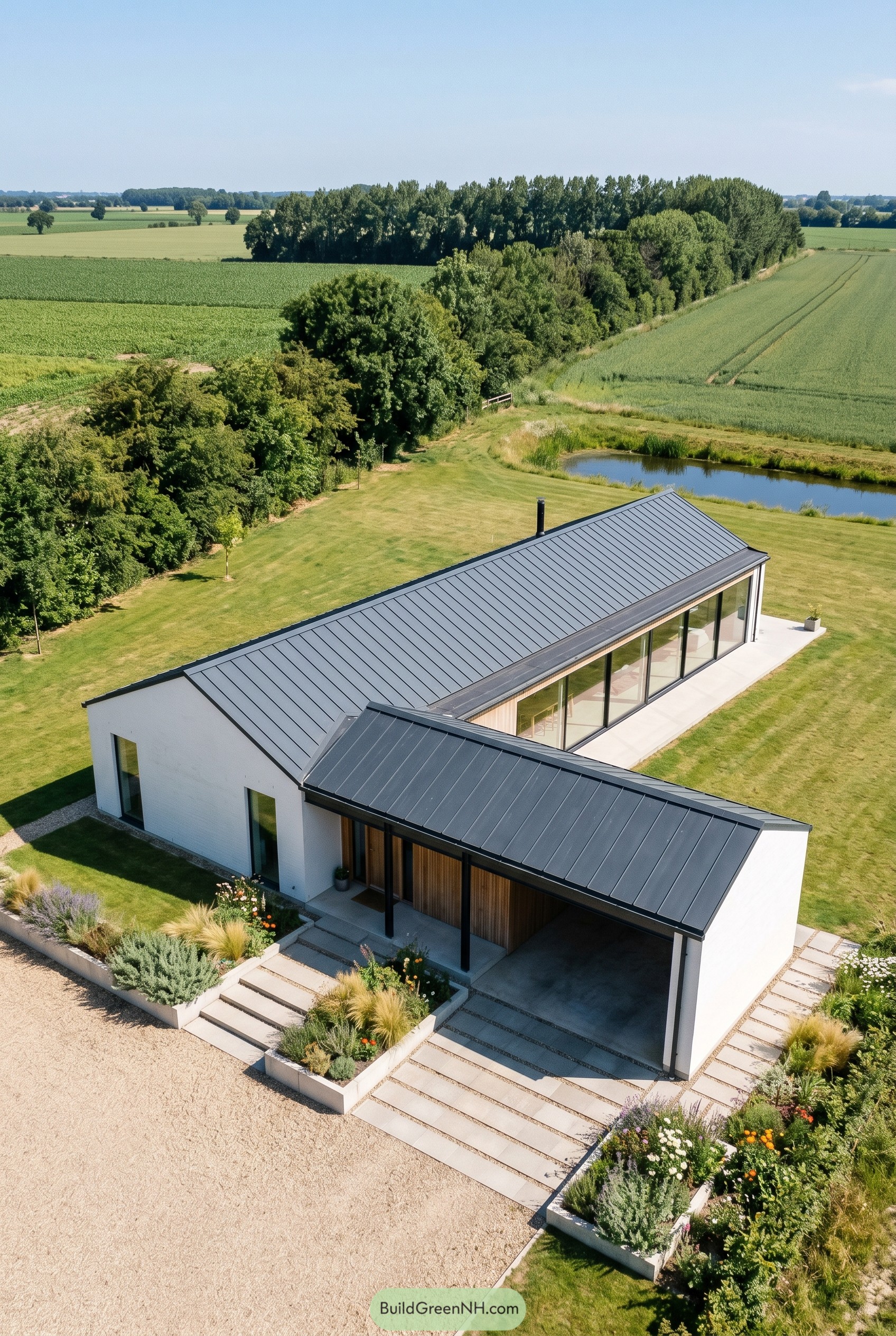 Single story white longhouse with attached carport