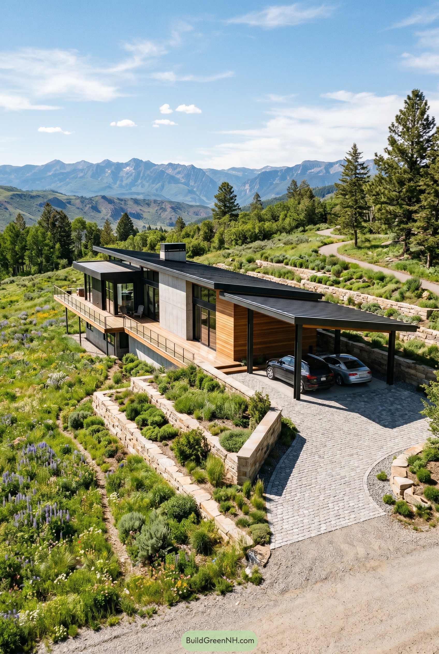Modern hillside home with open carport and mountain views