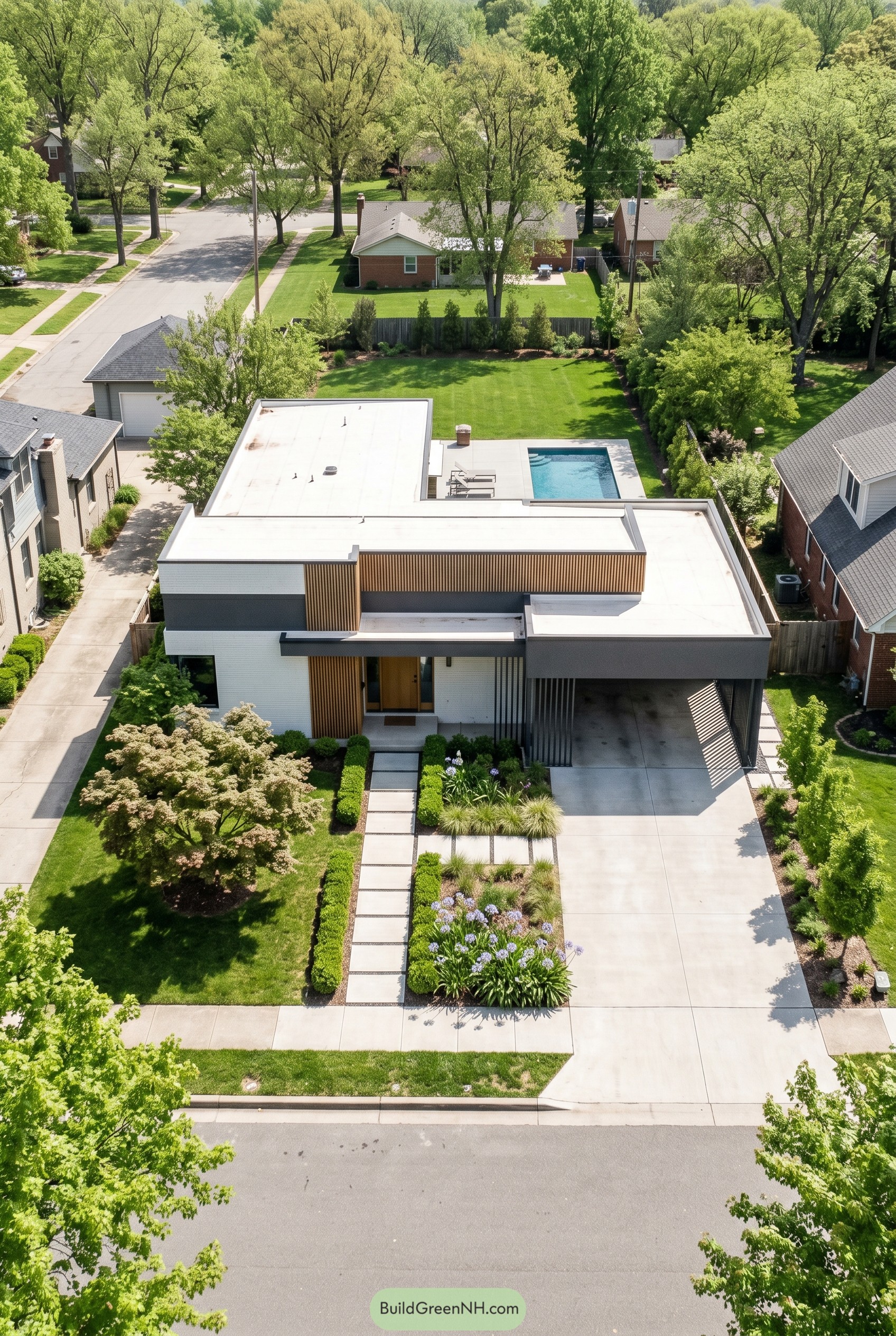 Aerial view of a flat roof modern ranch with carport and pool