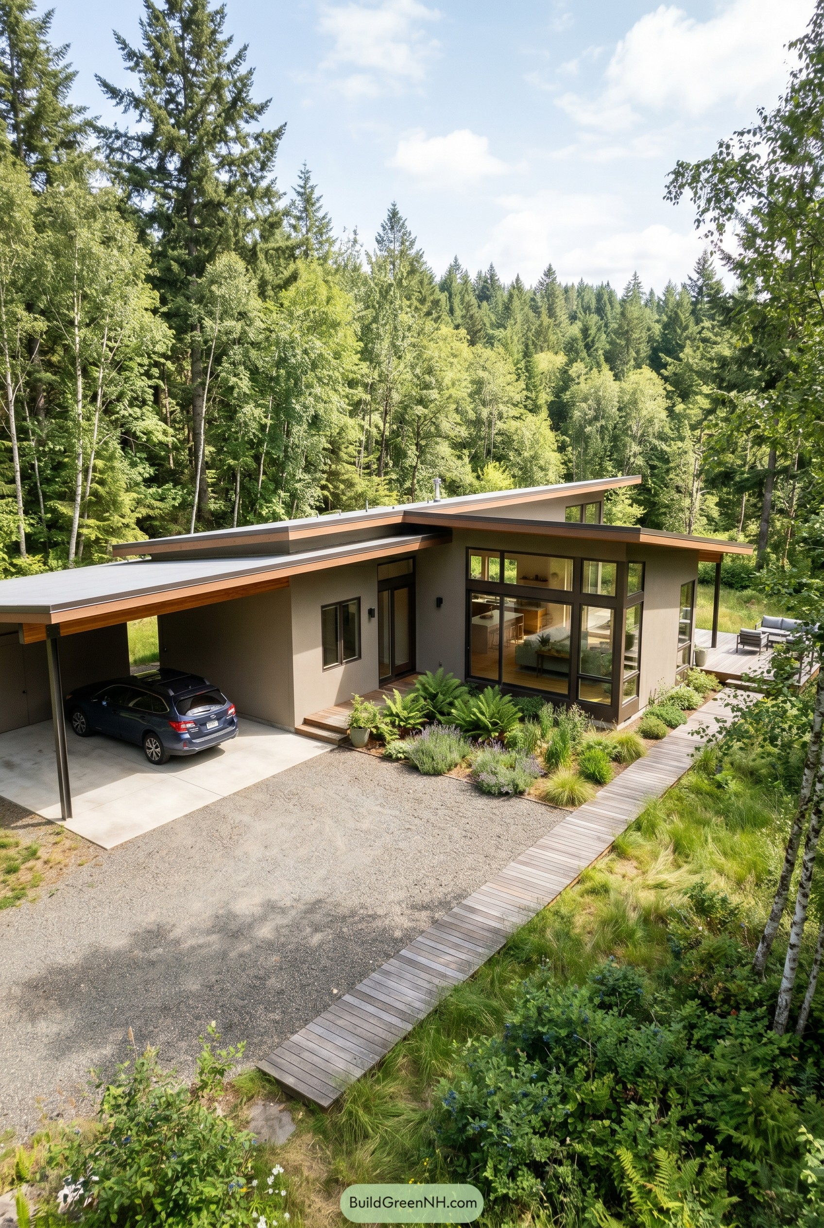 Single story modern house with carport in forest