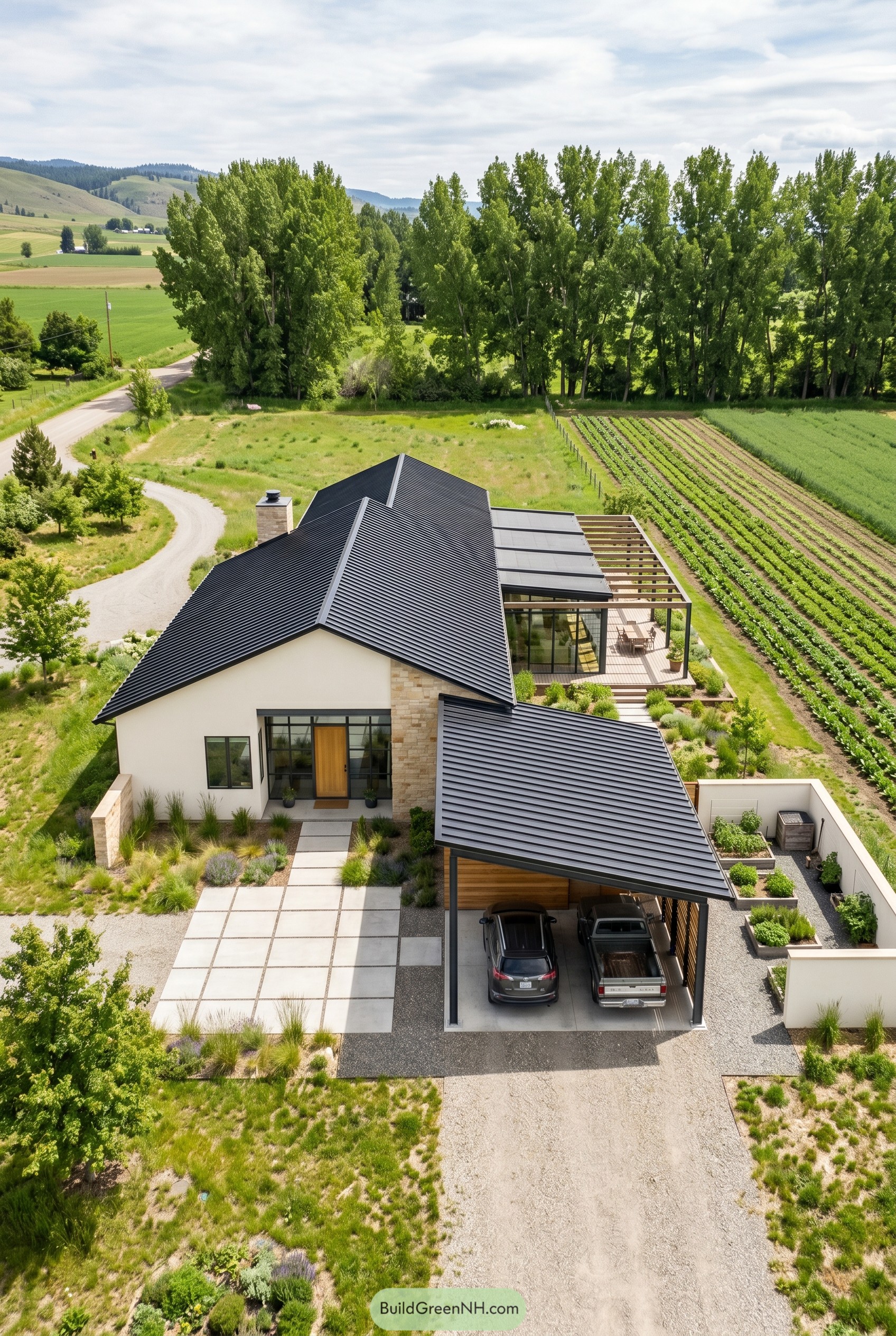 Single story modern home with black gabled roof carport and pergola terrace beside planted fields