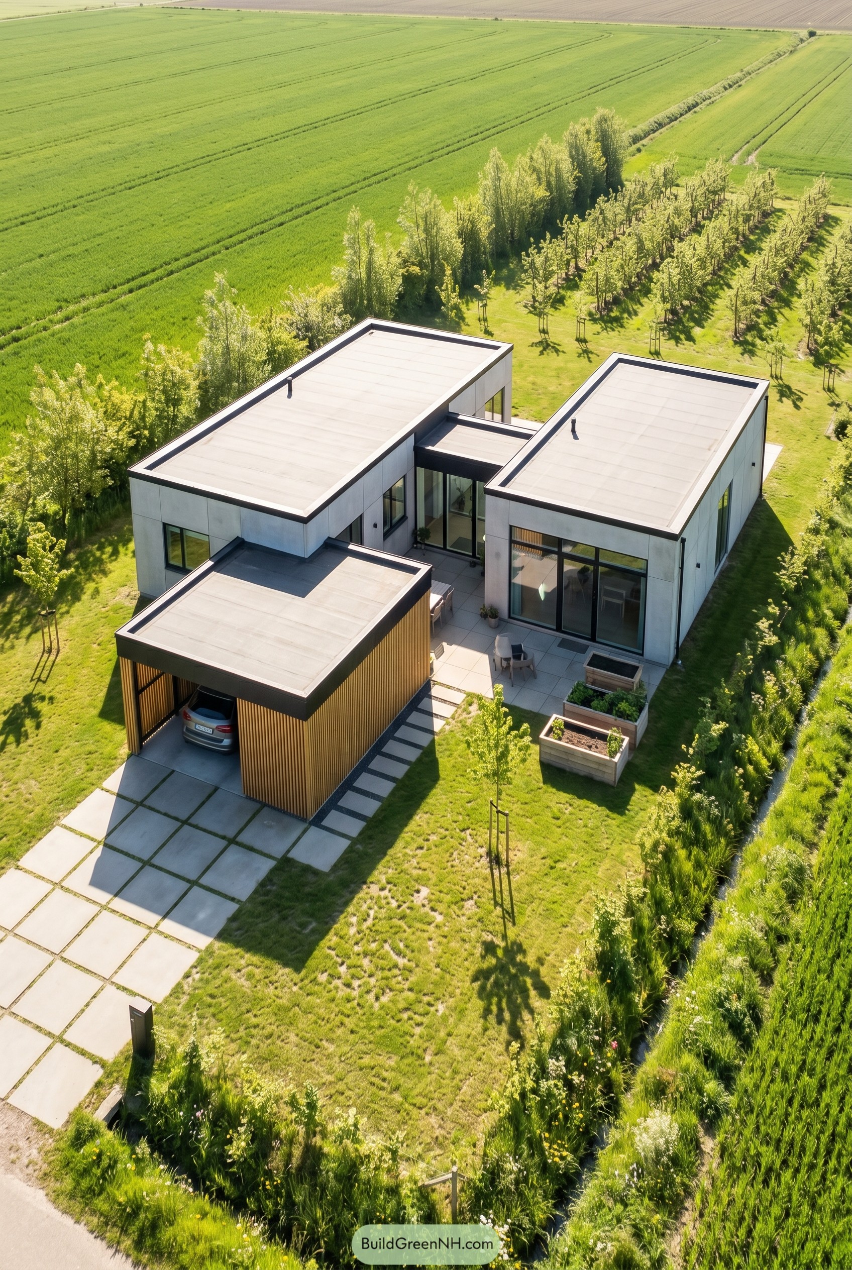 Single story modern house with flat roofs and a wood slat carport in open farmland