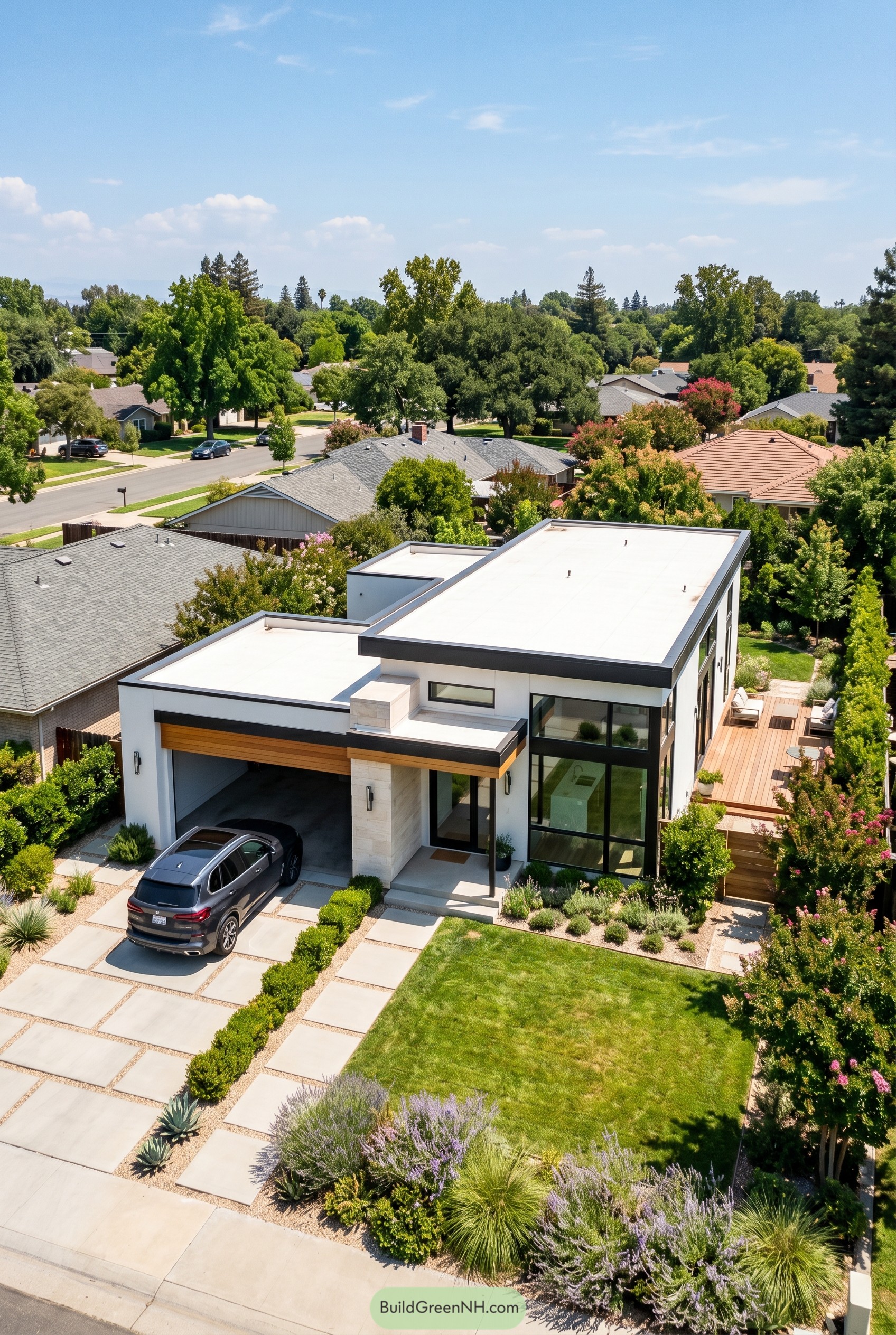 Modern flat roof house with carport and deck