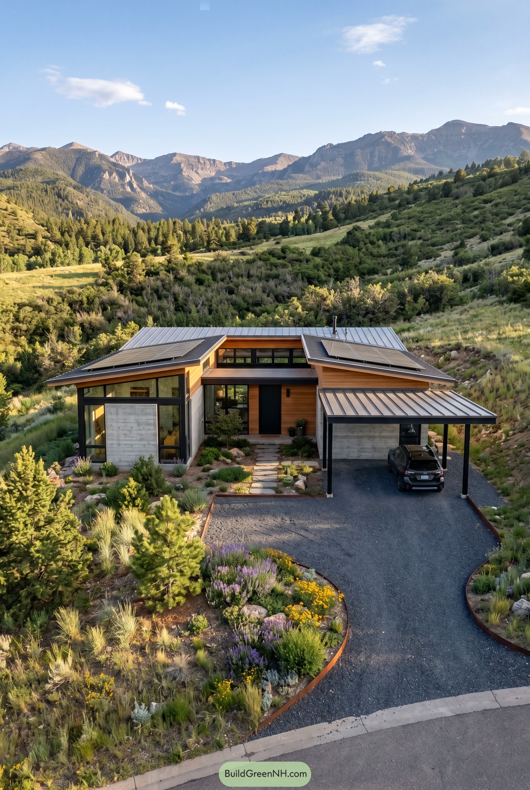 Single story modern mountain house with carport