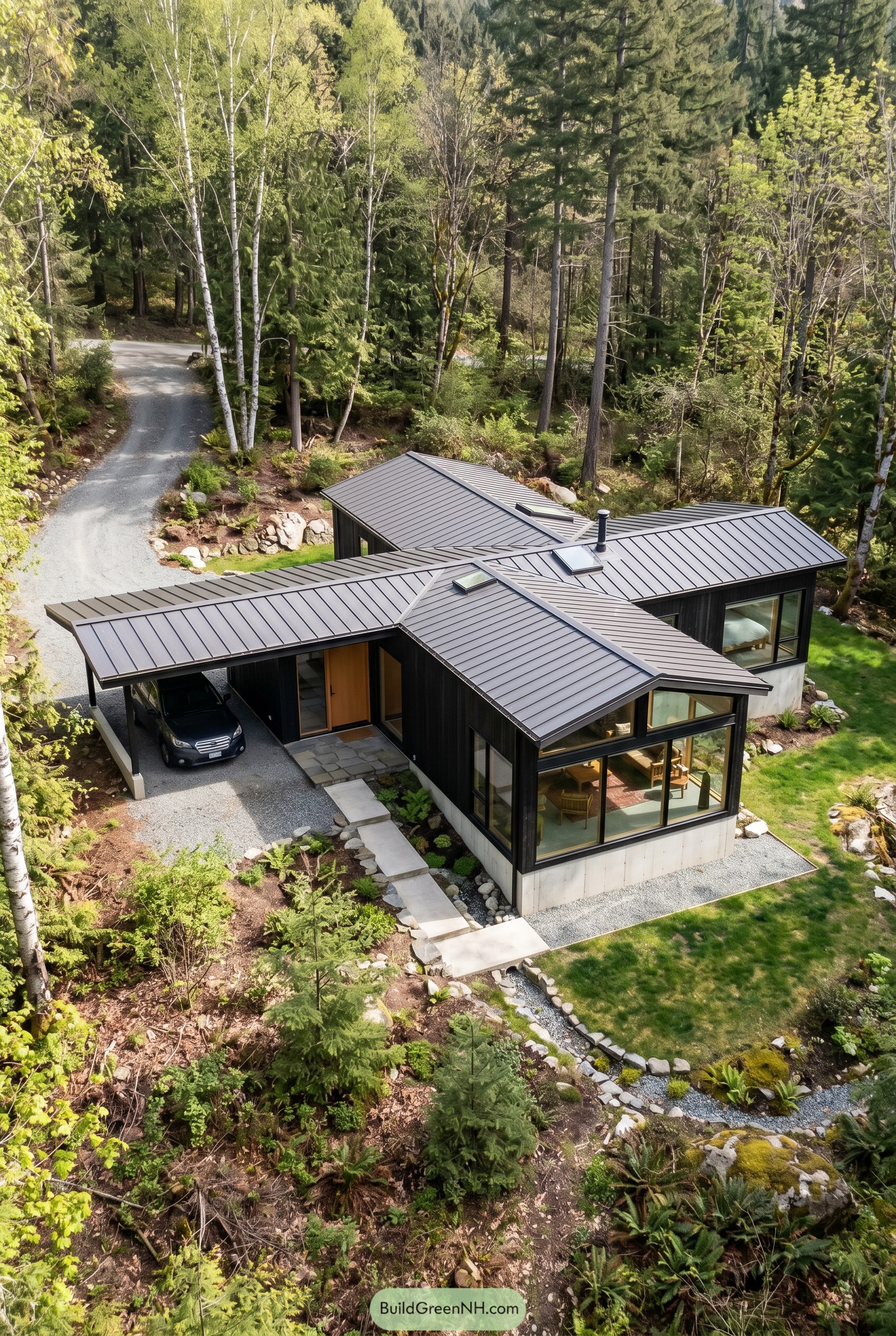 Black single story home with carport in woods