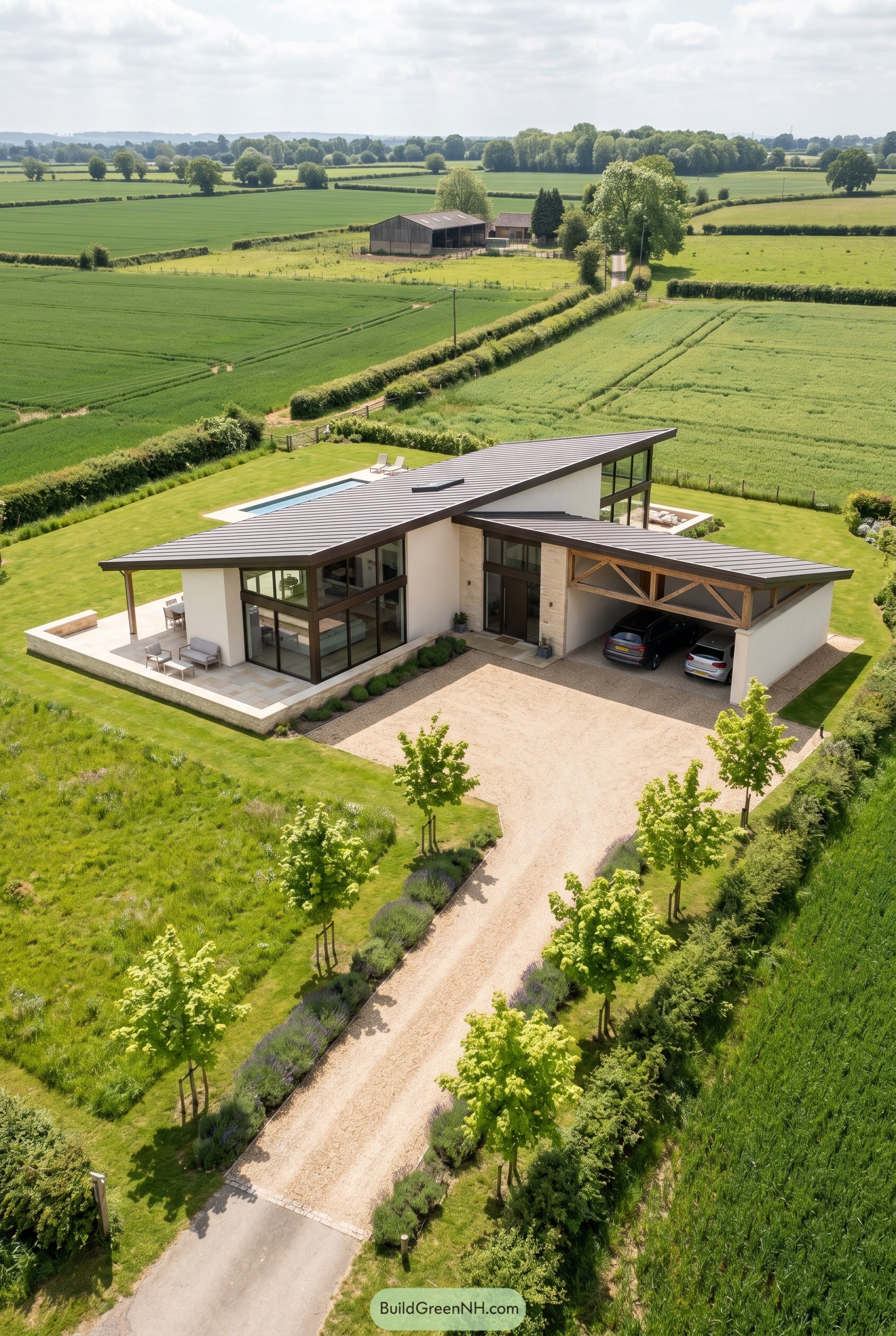 Modern single story house with angled roof and double carport