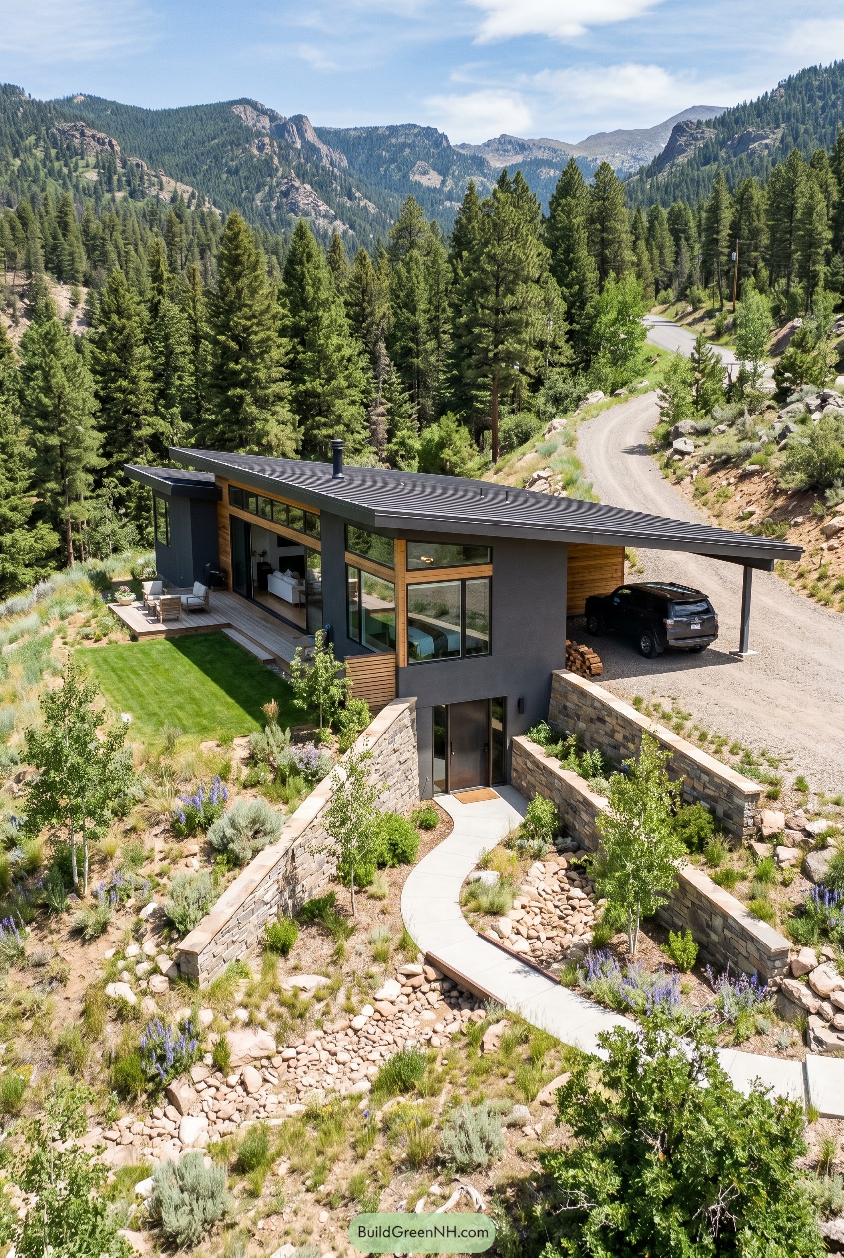 Modern hillside home with sloped roof carport