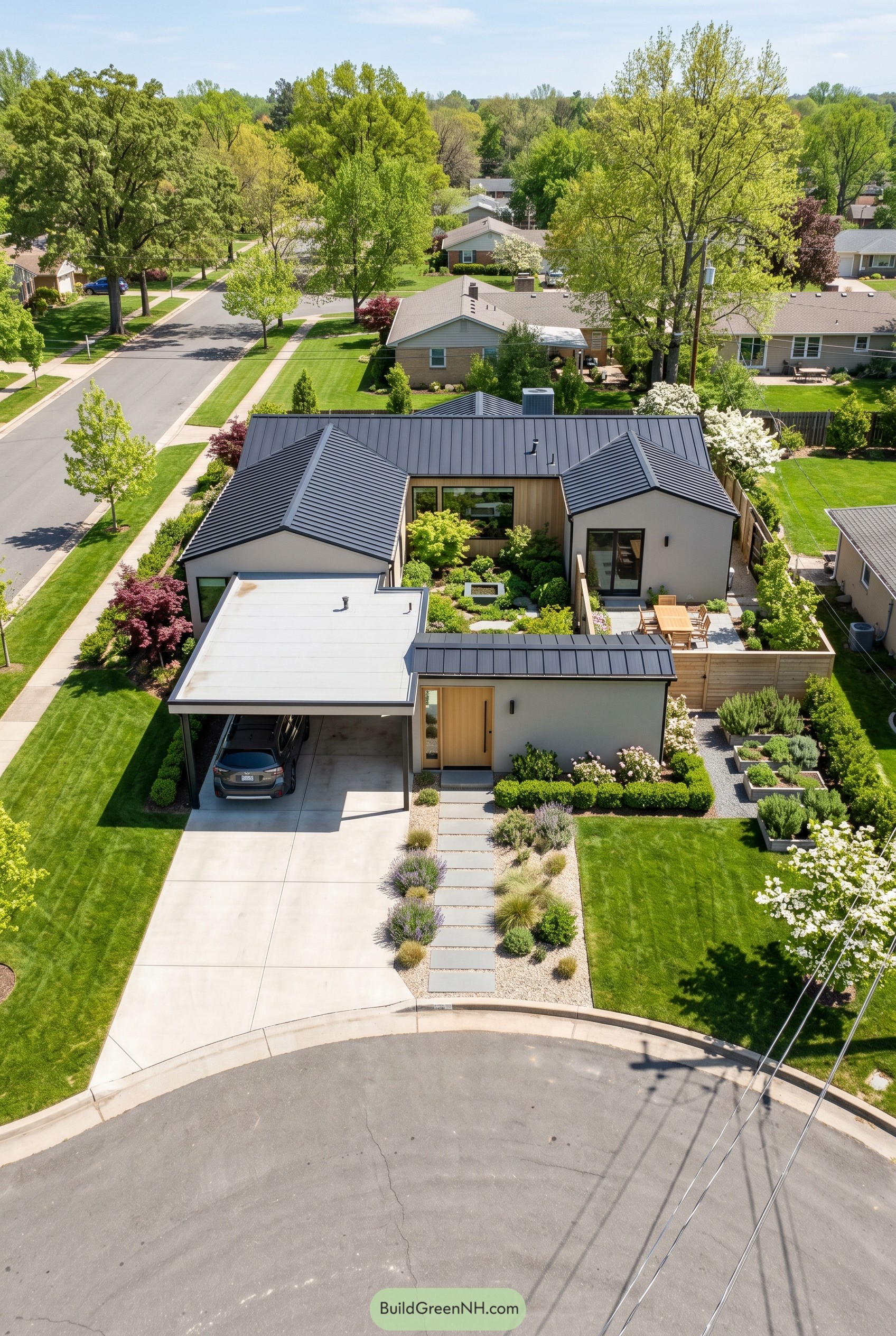 Aerial view of a modern courtyard home with carport