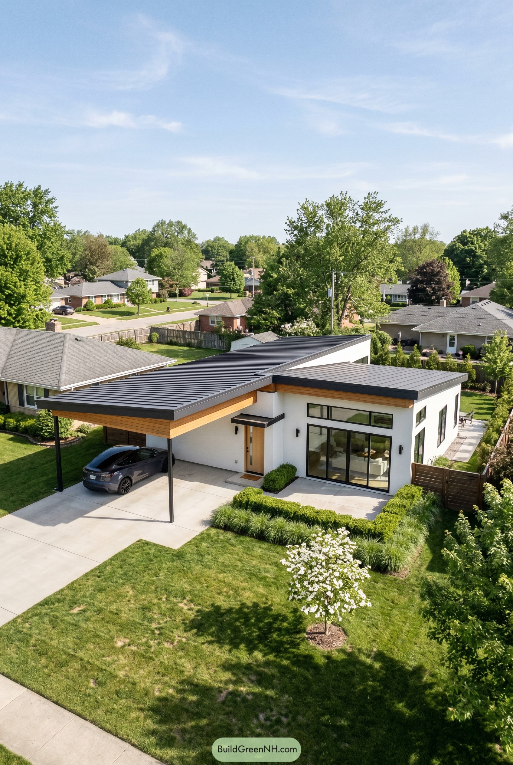 Modern single story white house with carport