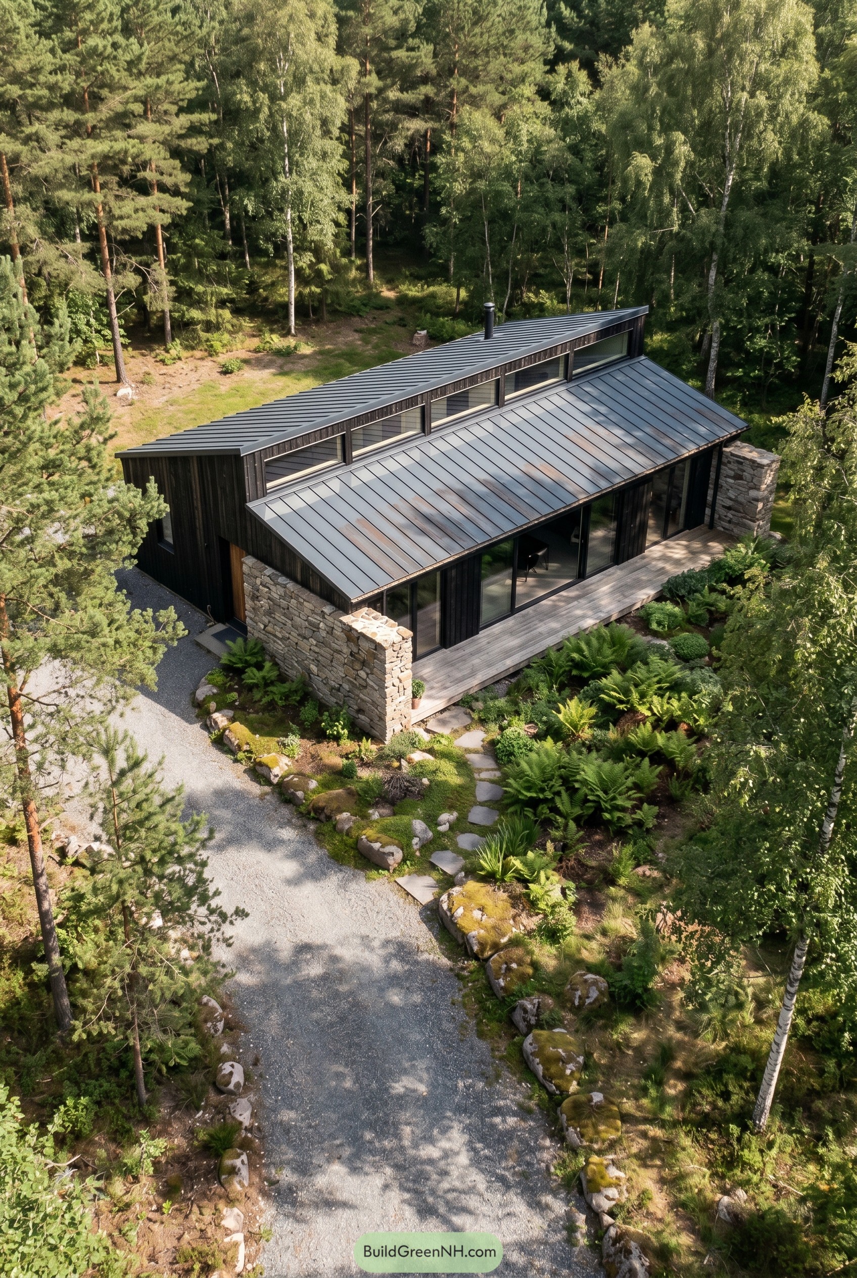 Single story black forest house with sloped metal roof