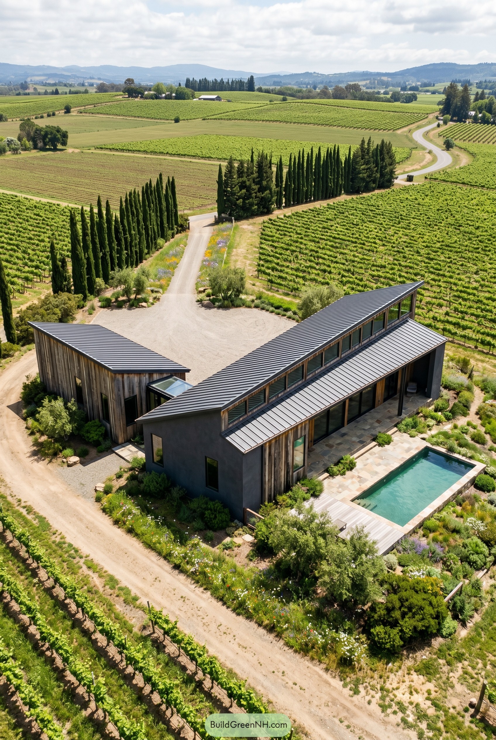 Modern V shaped vineyard house with pool