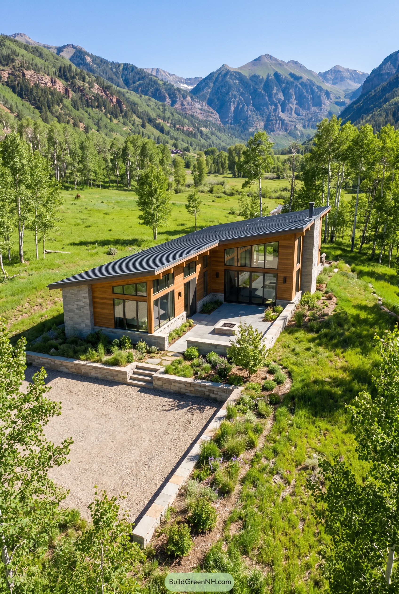 Single story cedar house with a sloped roof in a mountain meadow