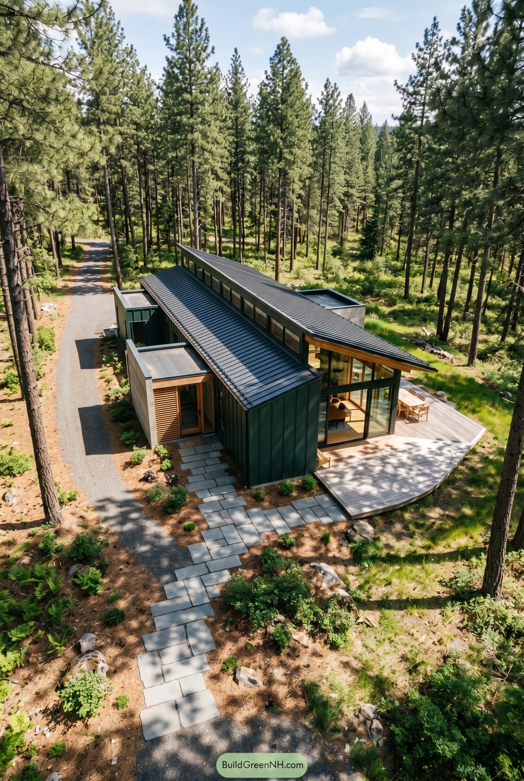 Modern single story cabin with sloped metal roof in pine forest