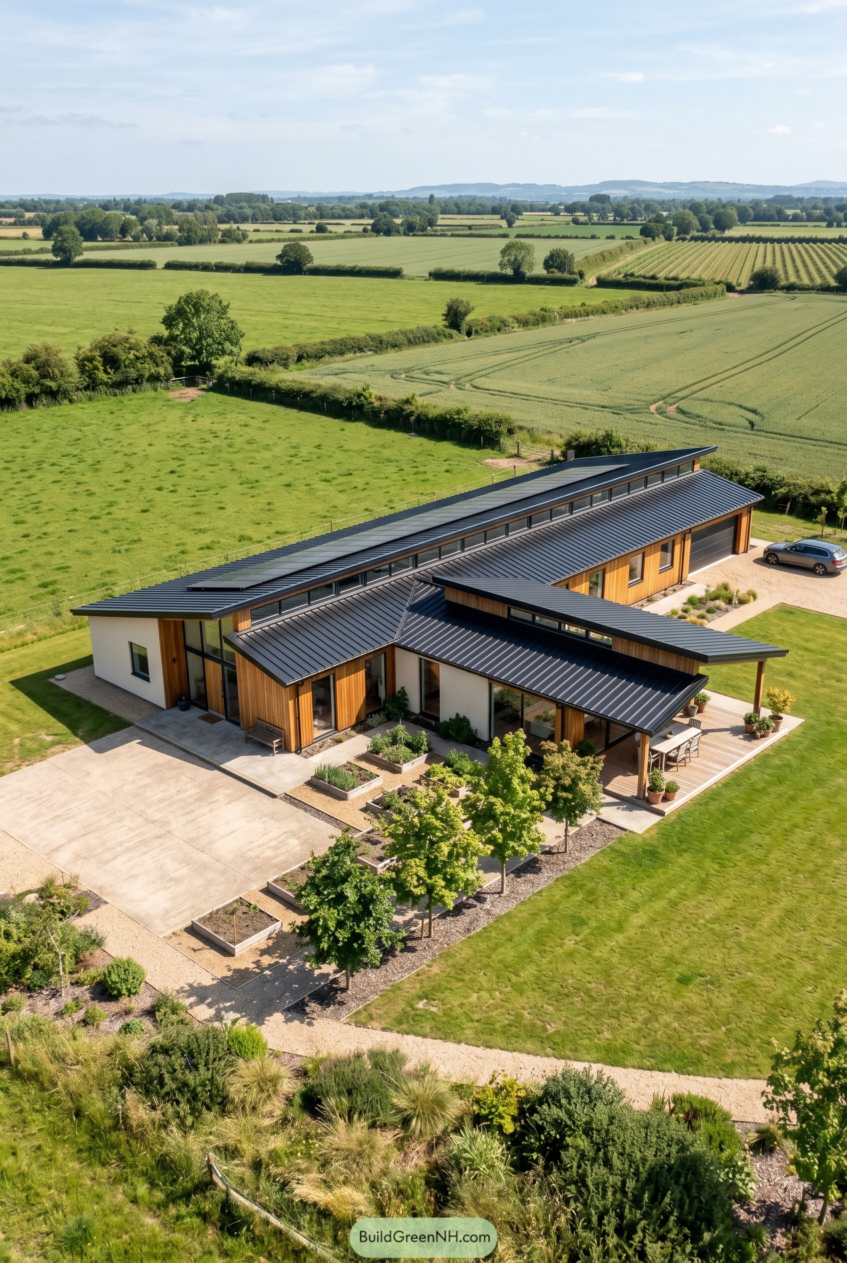 Single story rural home with long sloped metal roofs