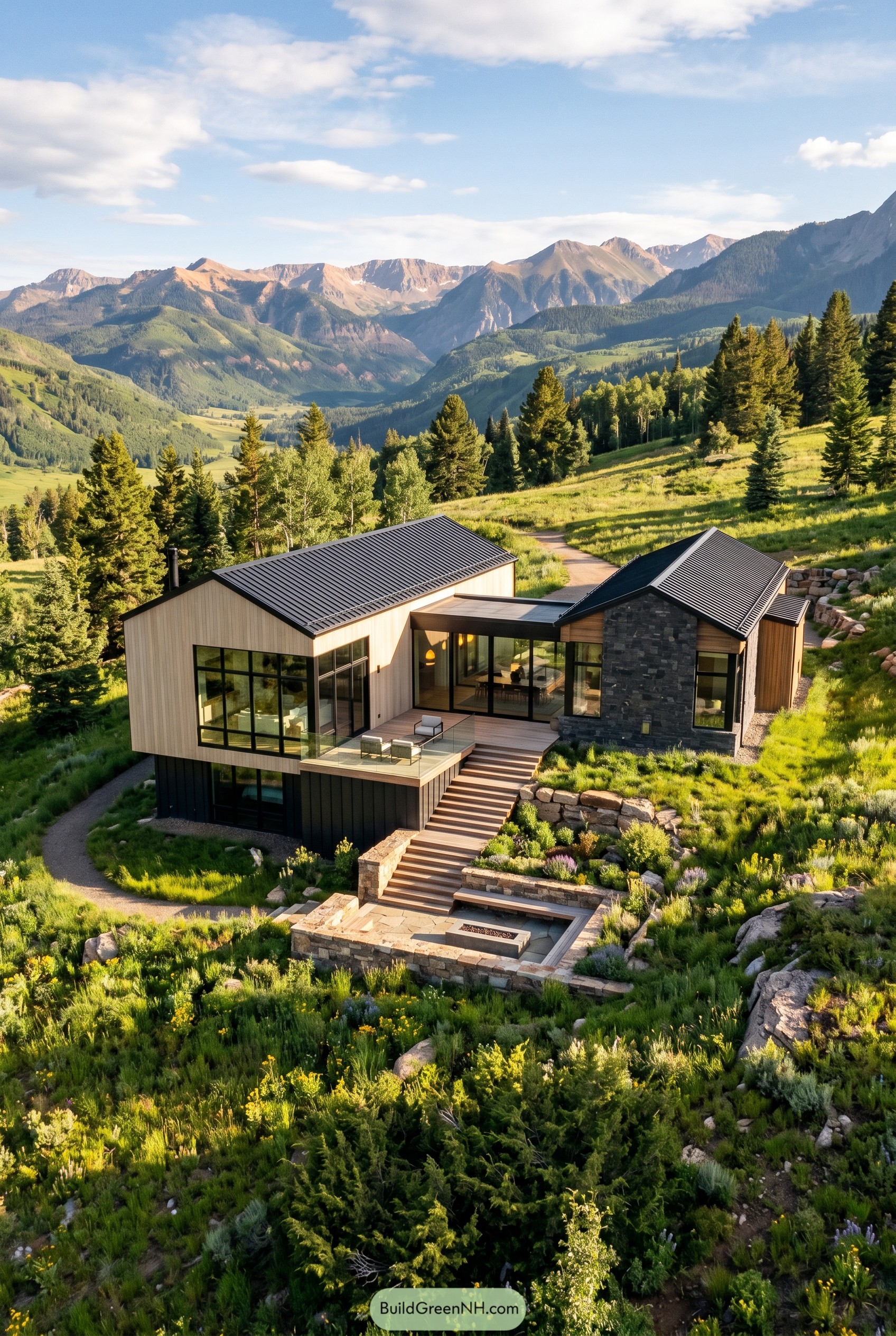 Modern mountain home with twin gable roofs
