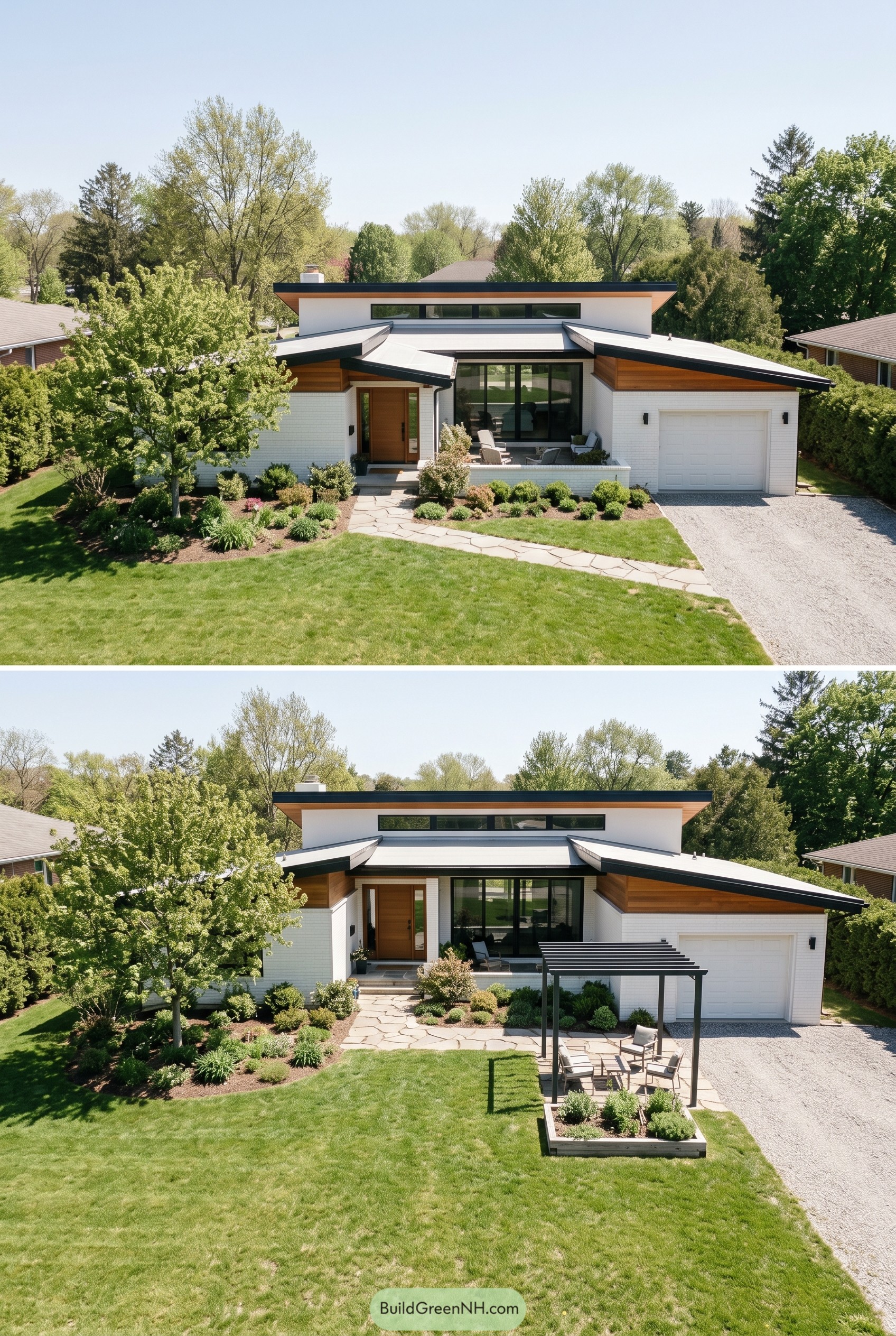 Modern white brick house with angled roofs and clerestory windows