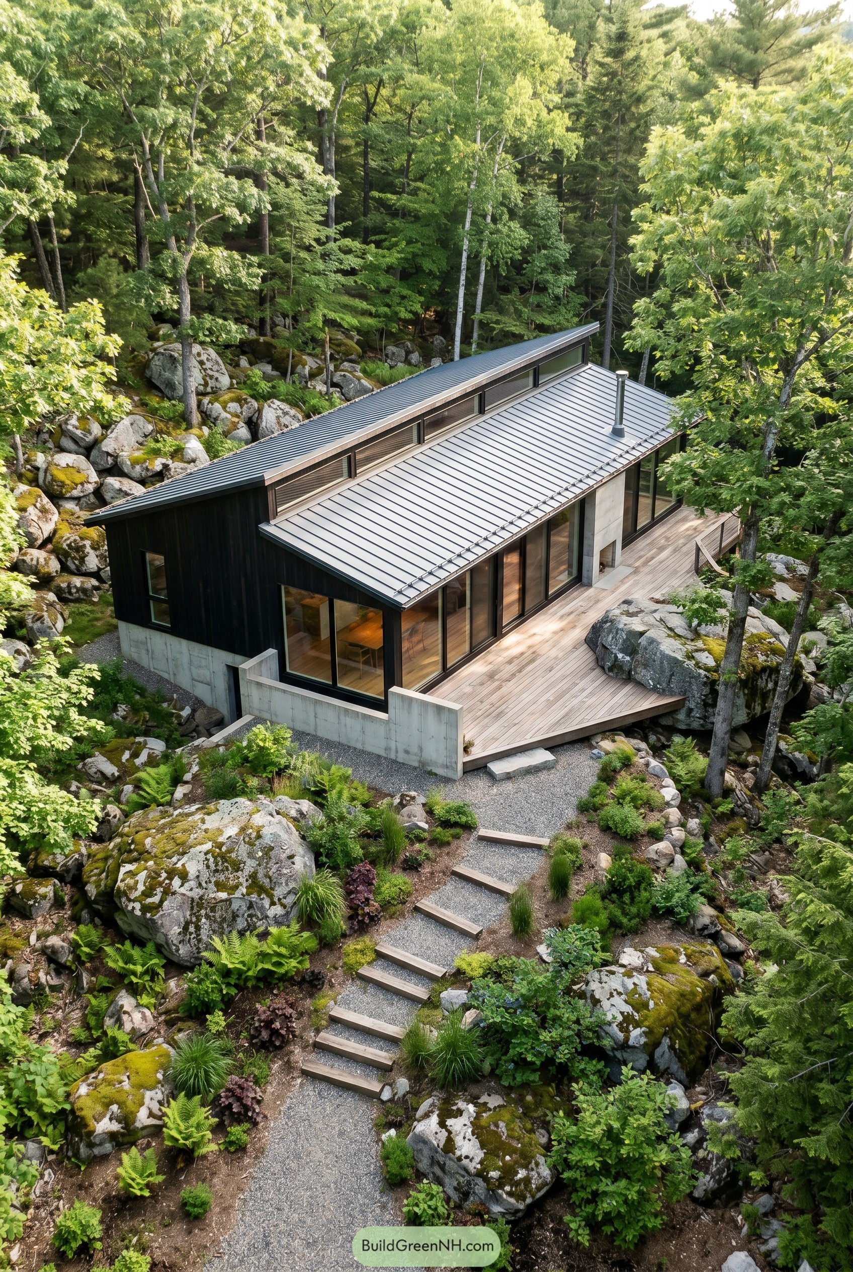 Modern black cabin with sloped roof in a rocky forest