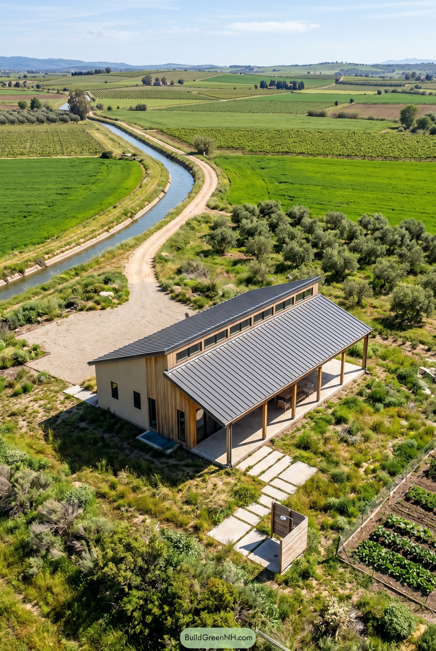 Modern sloped roof house beside canal and fields