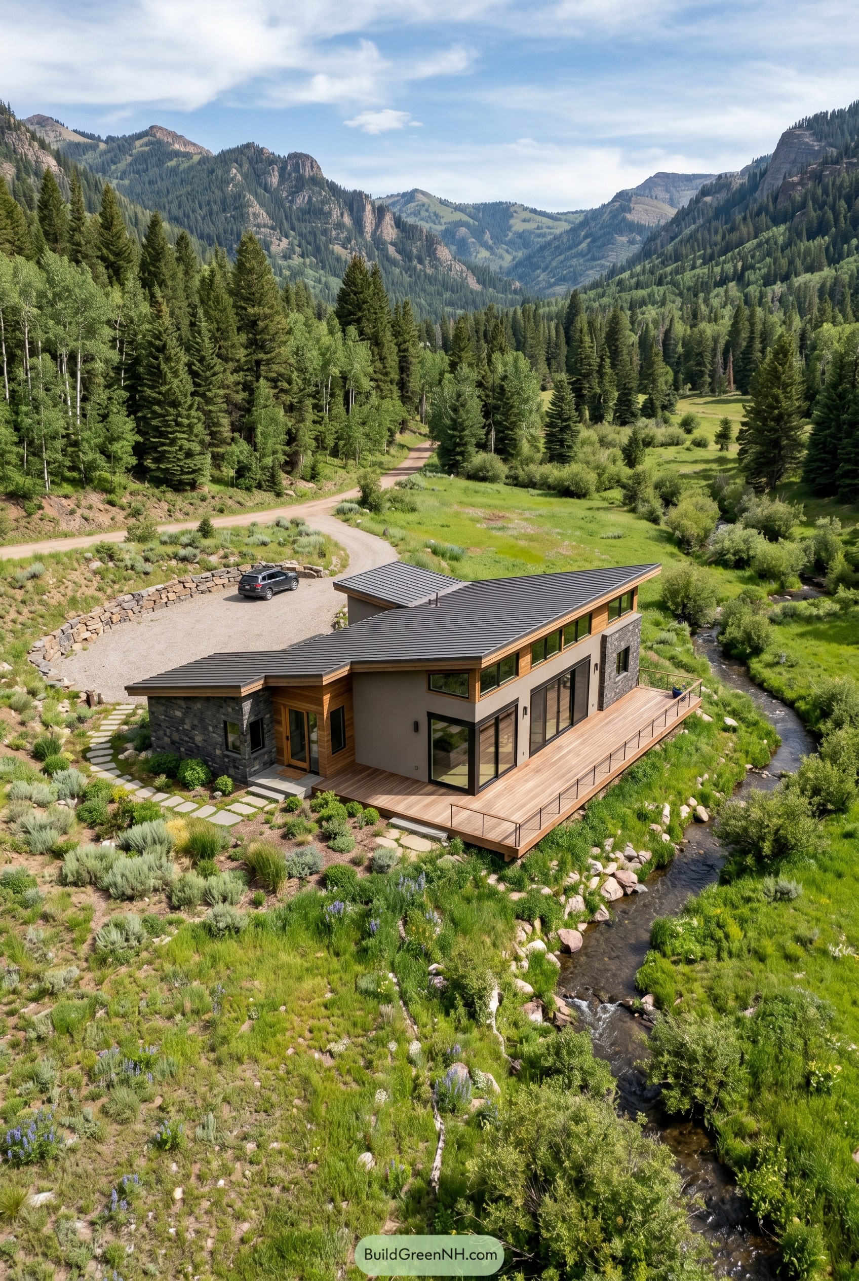 Modern single story house with a sloped roof beside a mountain creek