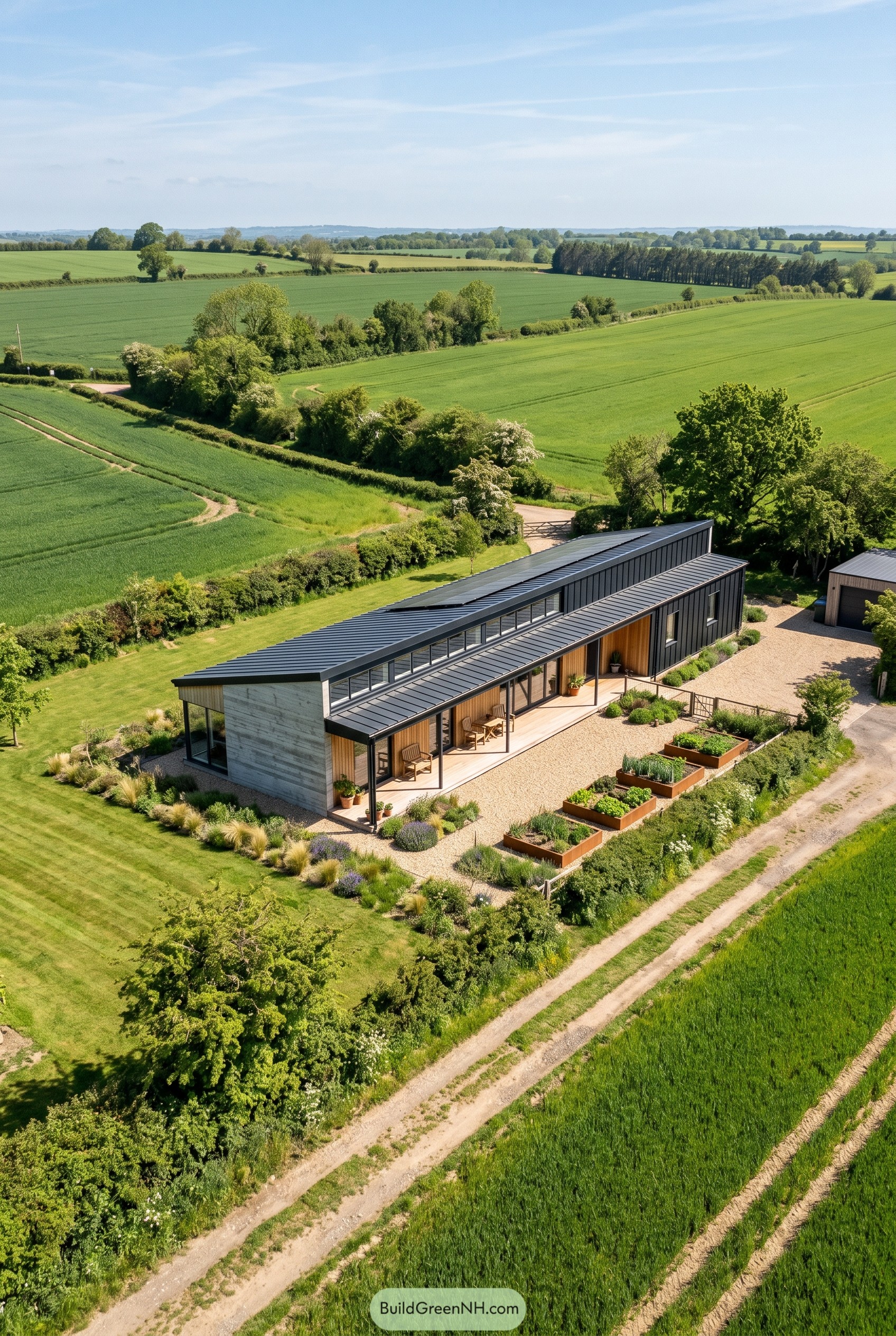 Modern black clad house with sloped roof in farmland